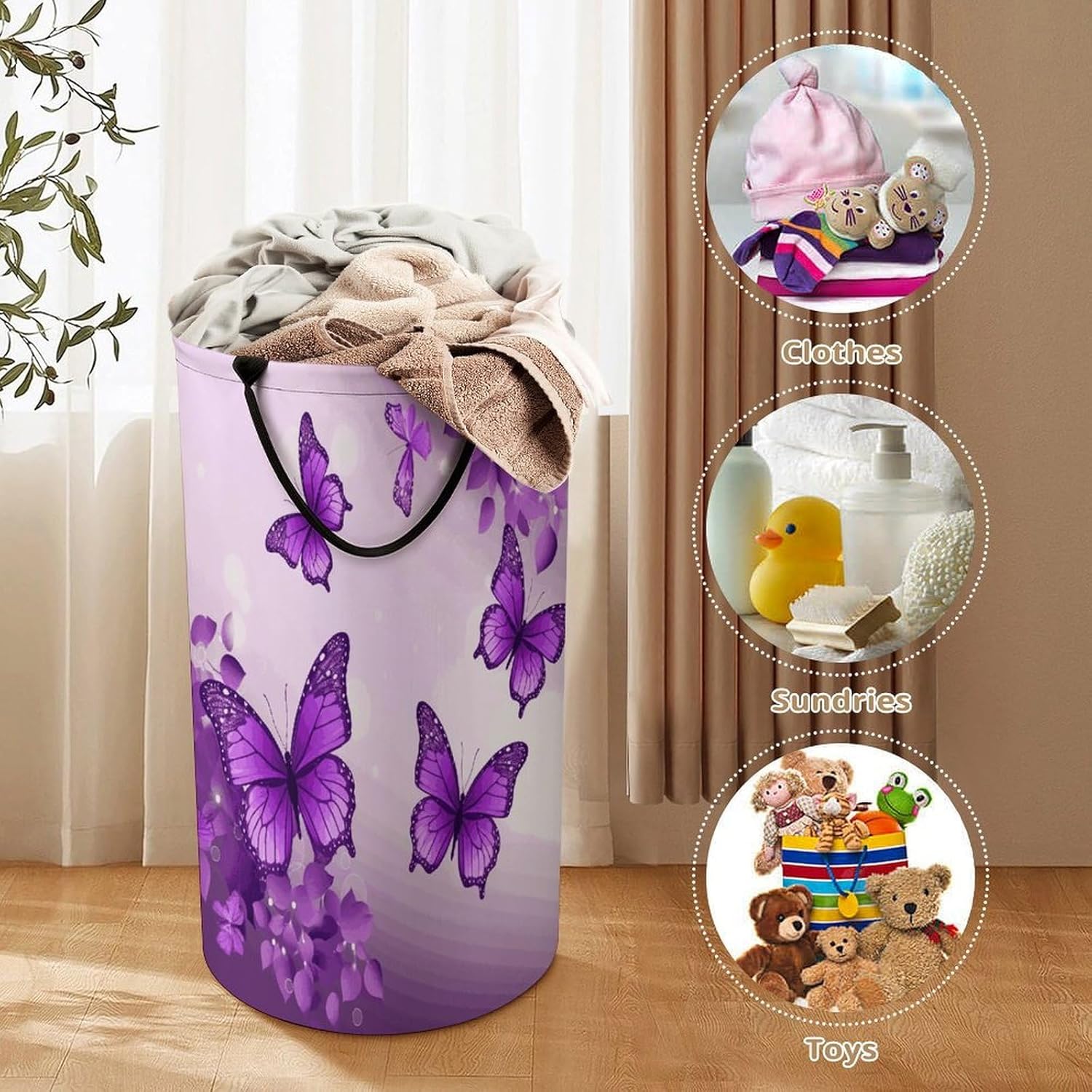 Purple ButterfliesLaundry Hamper - Large Dirty Clothes Bag.Storage Basket for Easy Carry Handles. Large Clothes Basket with Handles, Clothing Storage Bucket Toy Organizer for Bathroom Bedroom Dorm.