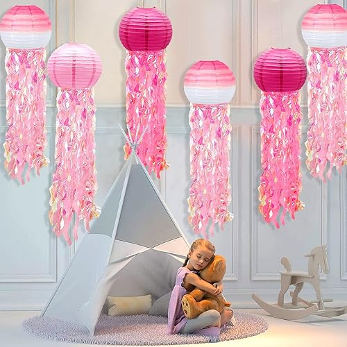 Miniatura 3 de Paquete de 6 faroles de papel de medusas, faroles colgantes de sirena, con degradado, rosa, rojo, océano, suministros para fiestas, ideales para