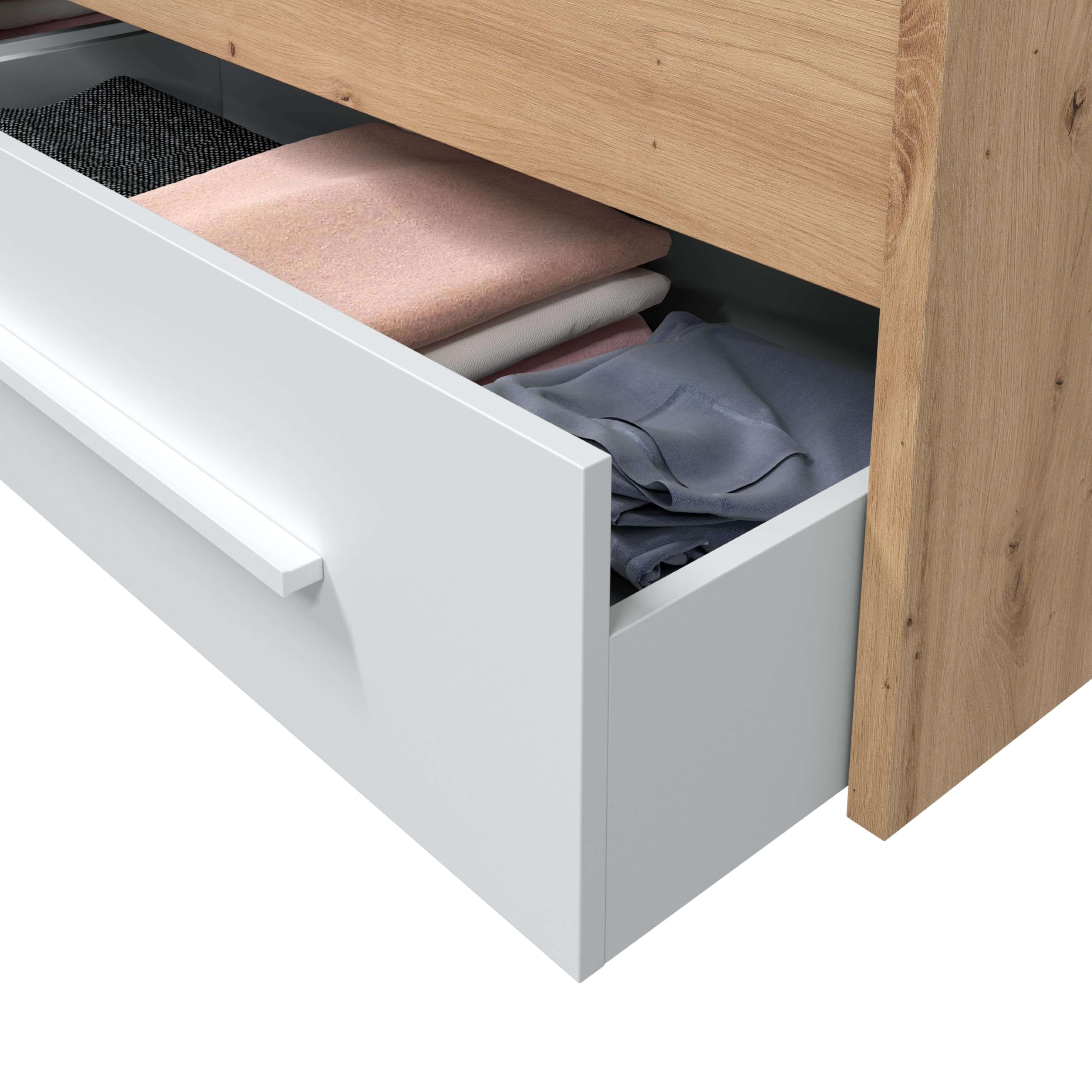 Letto singolo con 2 cassetti, letto giovanile, letto per bambini, modello Noa, finitura in bianco Artik e rovere odi, Dimensioni: 196 cm x 97 cm (larghezza) x 77 cm (larghezza) x 77 cm (altezza)