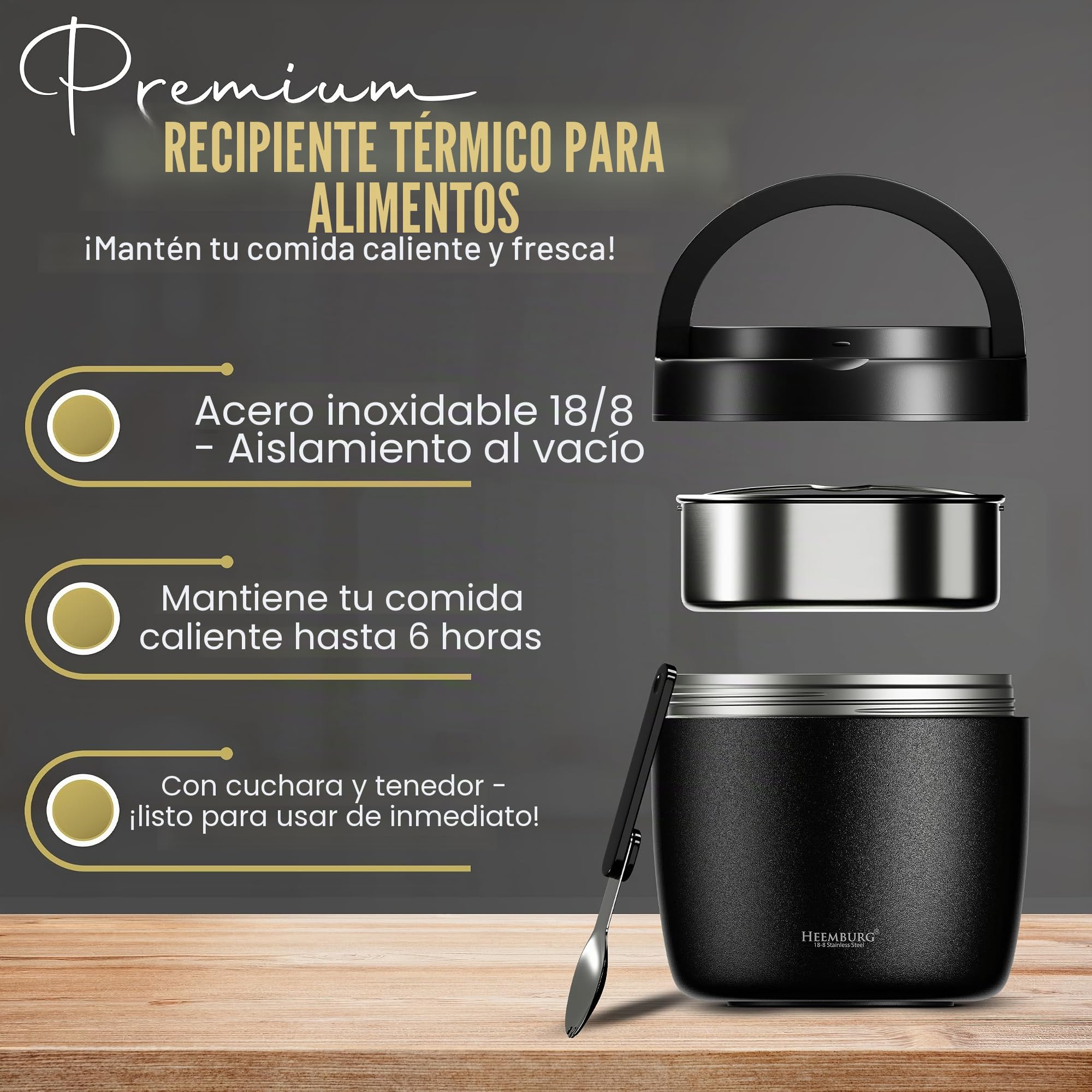 Heemburg Recipiente térmico para alimentos, Henkelmann de 1 L, acero inoxidable, doble pared aislada, fiambrera para mantener el calor para comidas, sopa, almuerzo, para oficina, trabajo y viajes