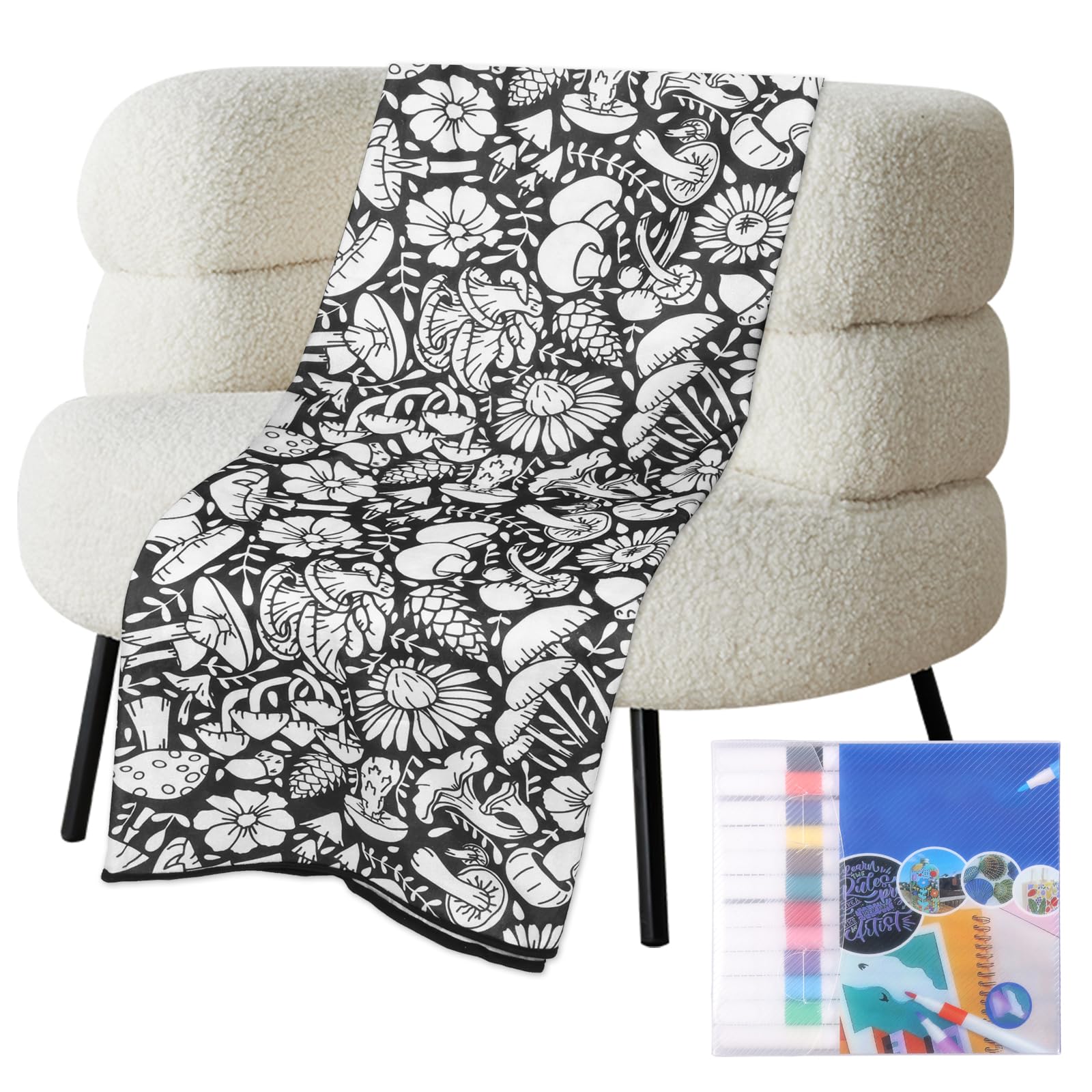 shaojian DIY Colouring Blanket for Adults Stress Relief, 156x125cm Colour Your Own Blanket with Markers, Creative Interesting Cozy Soft Blankets for Home Bedroom Living Room Decor(Mushroom)