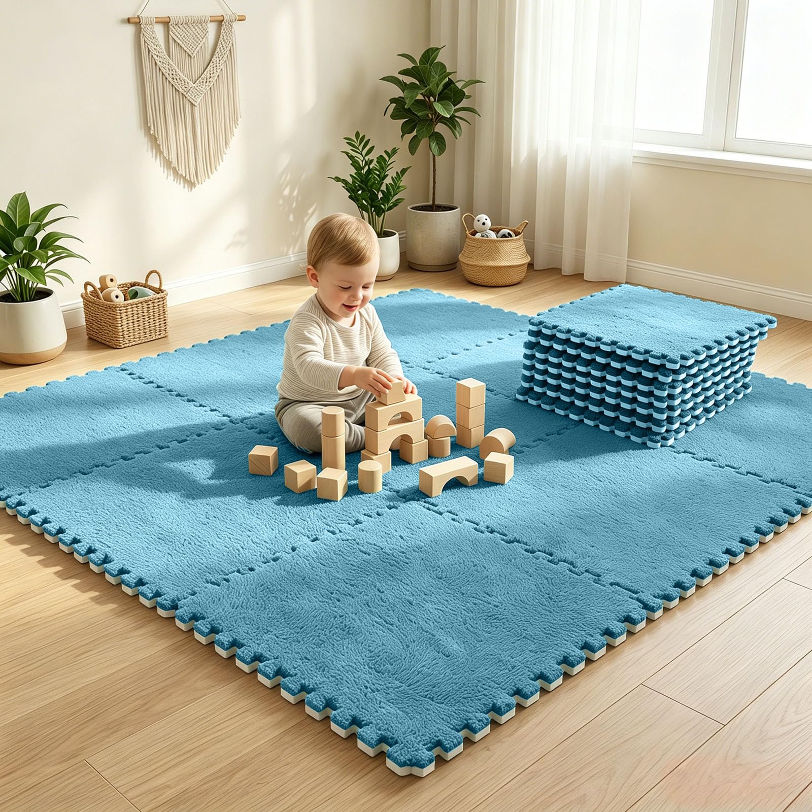12 Pieces Interlocking Puzzle Mats Foam Mats 30x30cm for Kids Living Room Bedroom Dark Blue