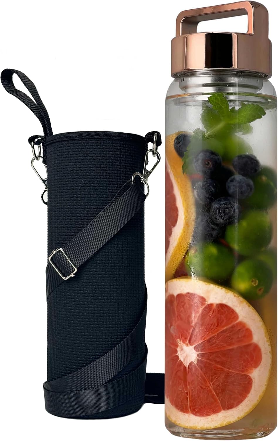 32 oz Clear Glass Water Bottle | Cold Brew Fruit Infuser Water Bottle (Rose Gold Lid)