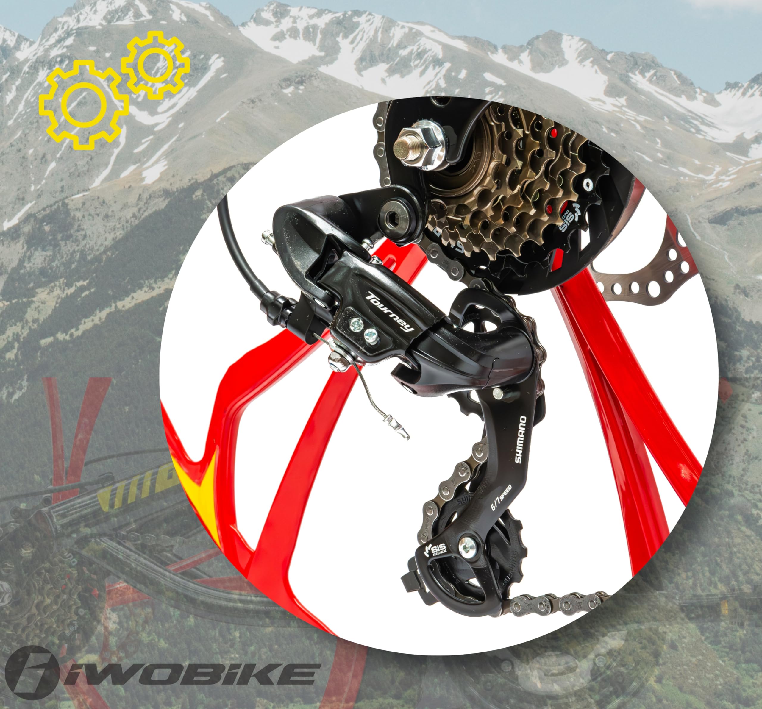 Rower Górski MTB, 26 Cali, Czarny Połysk z Czerwono-Żółtymi | Rower Górski MTB, 26 Cali, Czarny Połysk z Czerwono-Żółtymi Akcentami, Unisex, 21 Biegów, Rama Stalowa 47cm, Amortyzacja Prze
