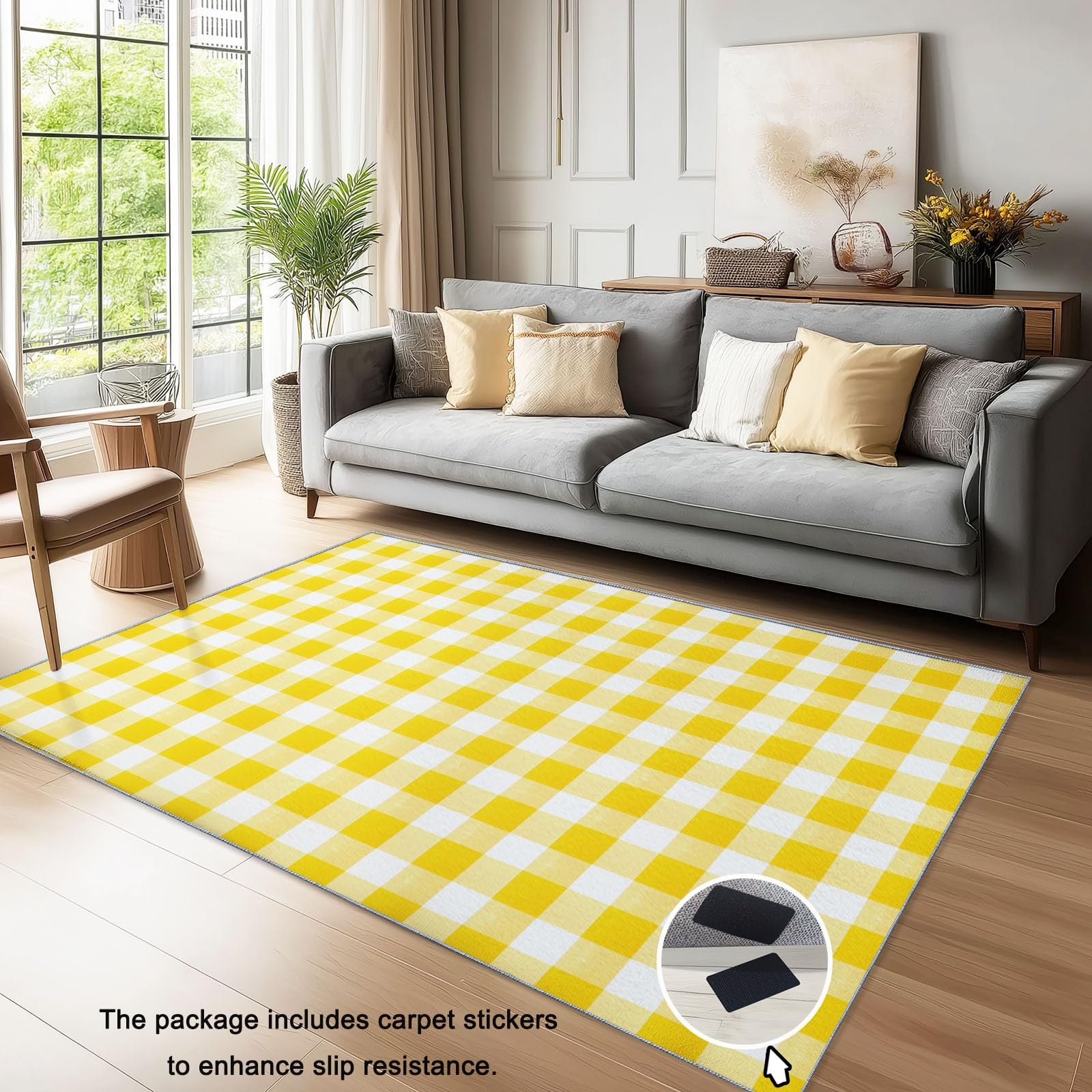 Dywaniki można prać w pralce do salonu 120 x 180 cm - miękkie pluszowe dywaniki do sypialni, dywan kuchenny antypoślizgowy geometryczne linie siatka minimalistyczny design, żółty flanelowy dywan z