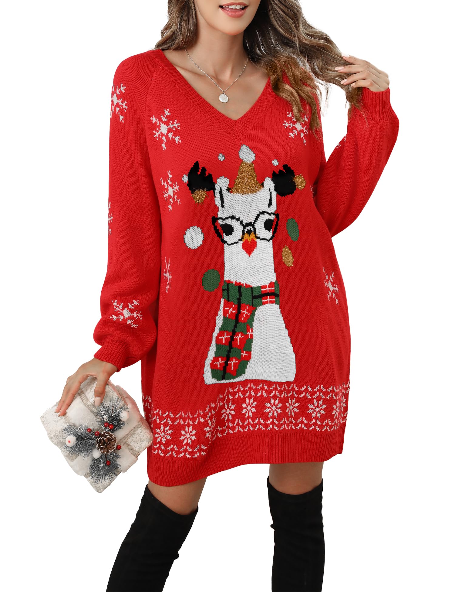 Womens Ugly Christmas V Neck Oversize Sweater Dress Long Sleeve Loose Holiday Knit Xmas Mini Dress