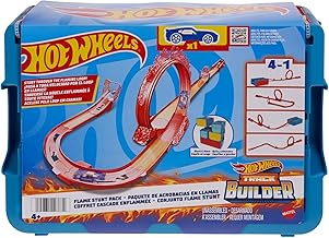 Hot Wheels Trackset, Trackset im Feuer-Design mit einem Hot Wheels Fahrzeug, 16 Track- und Stuntkomponenten in stapelbarer Spielzeug-Aufbewahrungsbox, HMC04