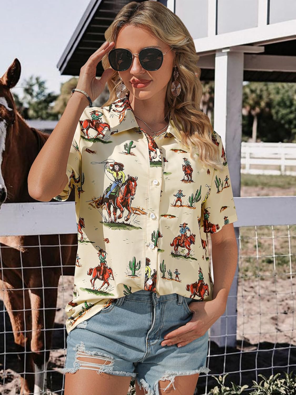 MYMORE Women's Western Cowgirl Button Up Shirt Vintage Print Short Sleeve Hawaiian Shirt Top Cute Country Concert Outfit - Image 3