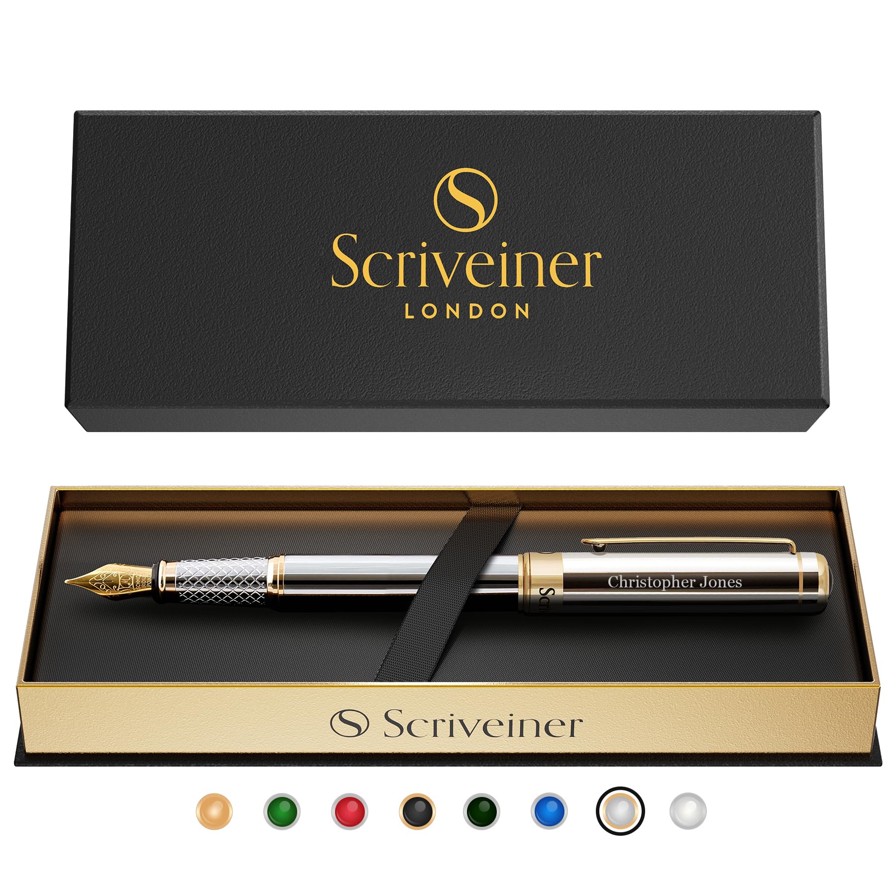 Scriveiner Personalised Silver Chrome Pen - Stunning Luxury Pen, Real Gold Plating, Schmidt Gilded Nib (Medium) Best Engraved Fountain Pen Gift Set for Men & Women, Custom Name Engraving