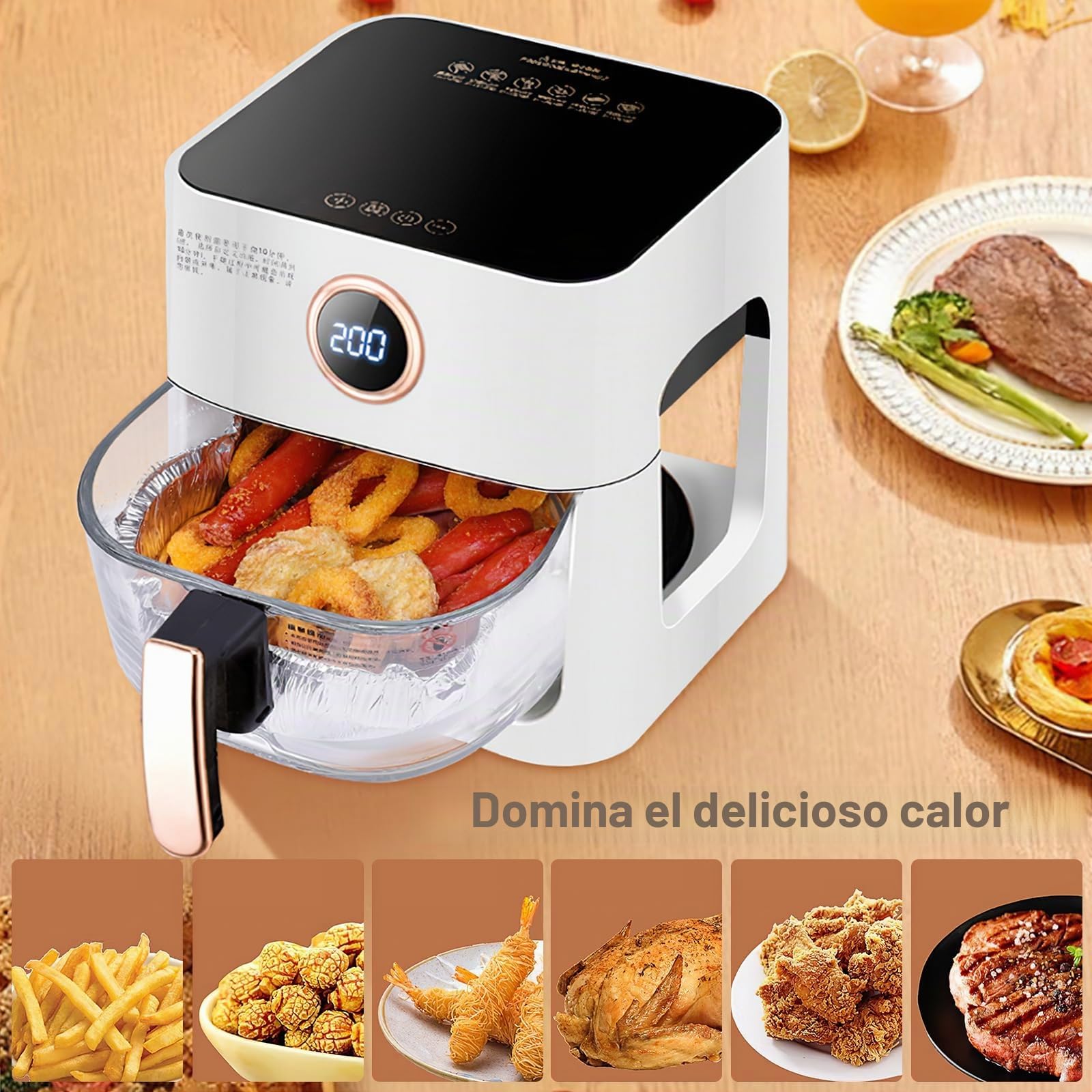 Freidora de aire caliente 5L, 1300W Freidora de aire con ventana de visión de 360°, control de tiempo y tempertura, pantalla táctil, extraíble, 6 funciones de cocción, sin BPA