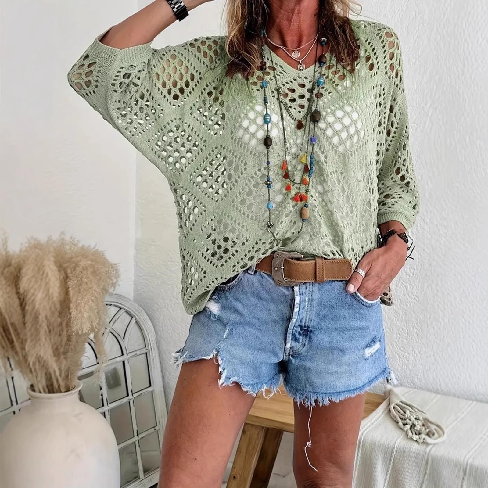 Generico Women's Bohemian-Inspired Beige Crochet Top with V-Neck Bohemian Crochet Tops for Women