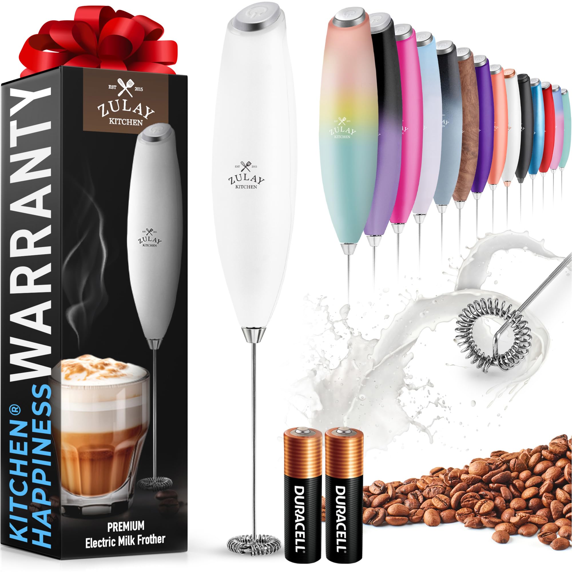 Zulay Powerful Milk Frother for Coffee with Upgraded Titanium Motor - Handheld Electric Whisk, Milk Foamer, Mini Mixer &amp; Coffee Blender for Frappe, Latte, Matcha, No Stand - Elegant White