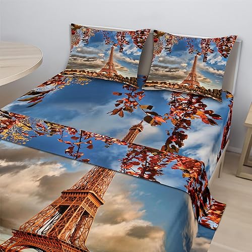 Miniatura 2 de Ambesonne Juego de sábanas de la Torre Eiffel, Torre Eiffel, barco, Sena y nubes, destino turístico, sábana bajera y encimera con fundas de