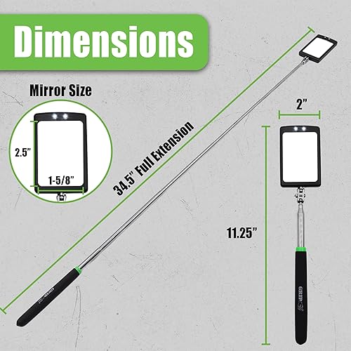 Miniatura 4 de GRIP Espejo de inspección LED telescópico – Se extiende de 11 a 34 pulgadas – Acero inoxidable – Luces LED gemelas – Espejo de rótula doble de 2.5 x