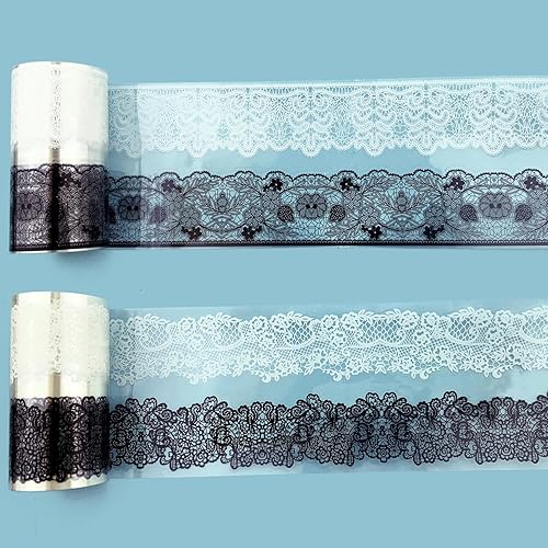 Cinta de encaje PET vintage, 2 rollos de 4 estilos, calcomanías de encaje autoadhesivas con flores blancas y negras para álbumes de recortes,