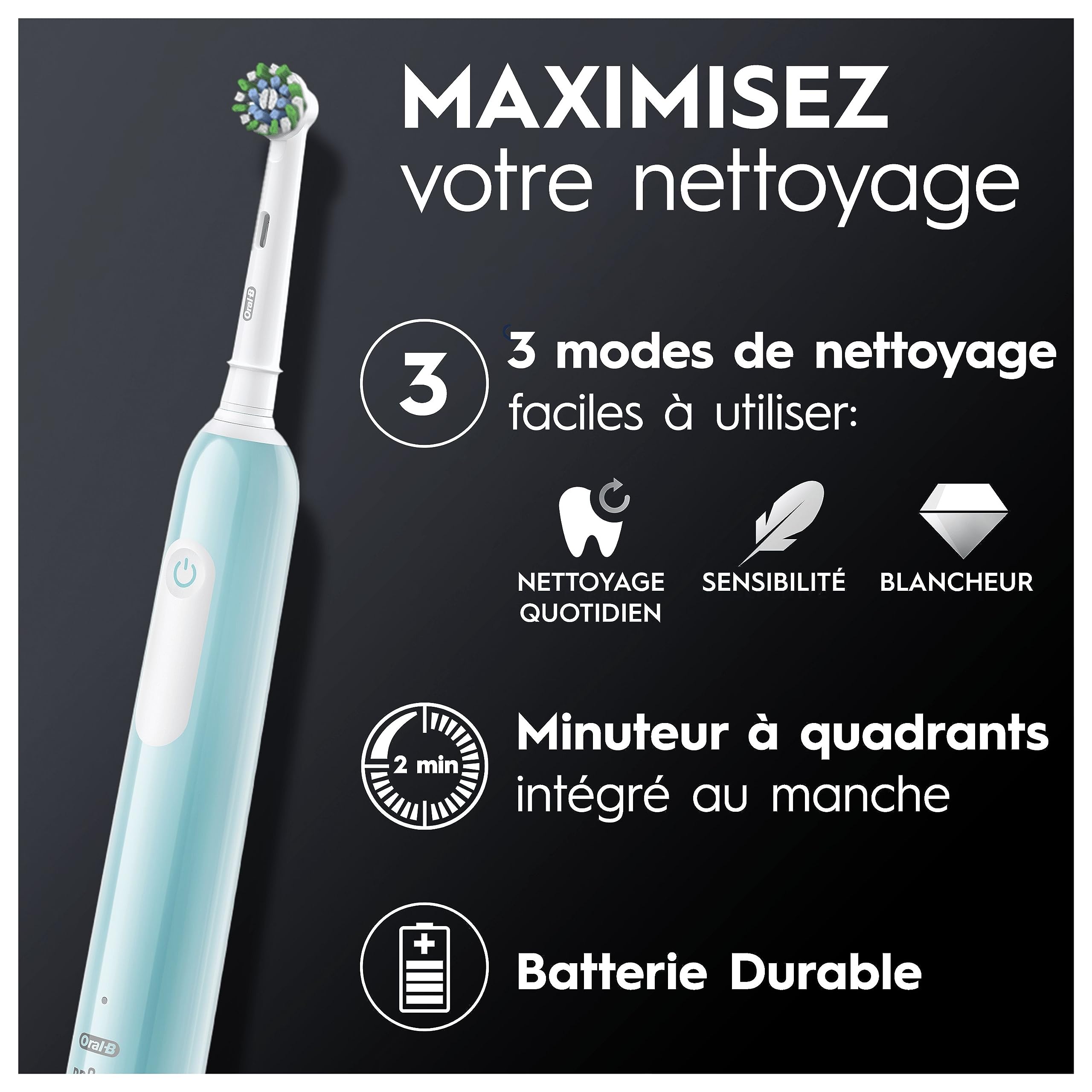 Oral-B Brosse à Dents Electriques Pro 1, avec Brossette de Rechange, Bleue – 3 Modes de Nettoyage dont Douceur, Brossage avec des Oscillo-Rotations et Pulsations, Chargeur, Etui de Voyage