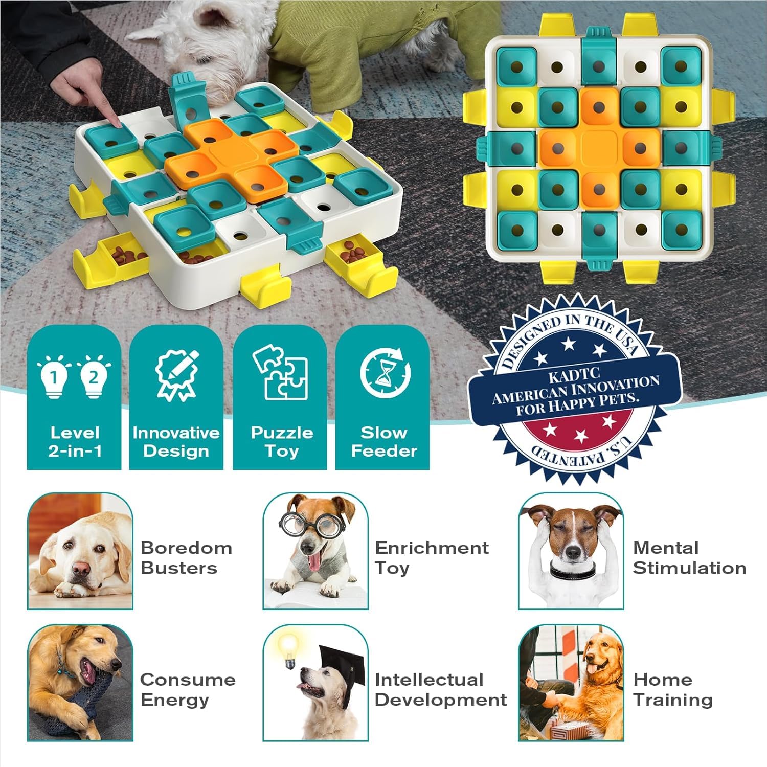 KADTC Jouet puzzle avancé pour chien à 2 niveaux de défi, cube stimulant le cerveau, marque et design américains, jouet interactif pour chiens intelligents, petits, moyens et grands, toutes races