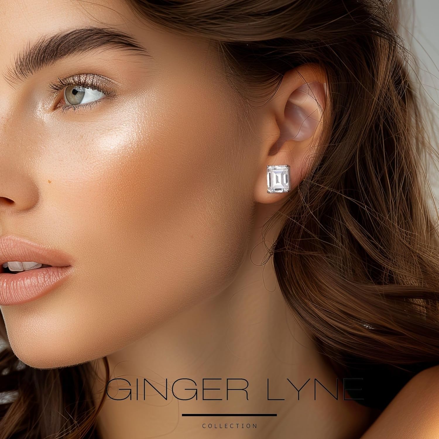 Faux Diamond Stud Earrings For Women 14k White Gold Plated Sterling Silver Cubic Zirconia Earring Studs for Men by Ginger Lyne 10mm 7.5 ct Emerald Cut Small Pierced Minimalist Jewelry - Image 4