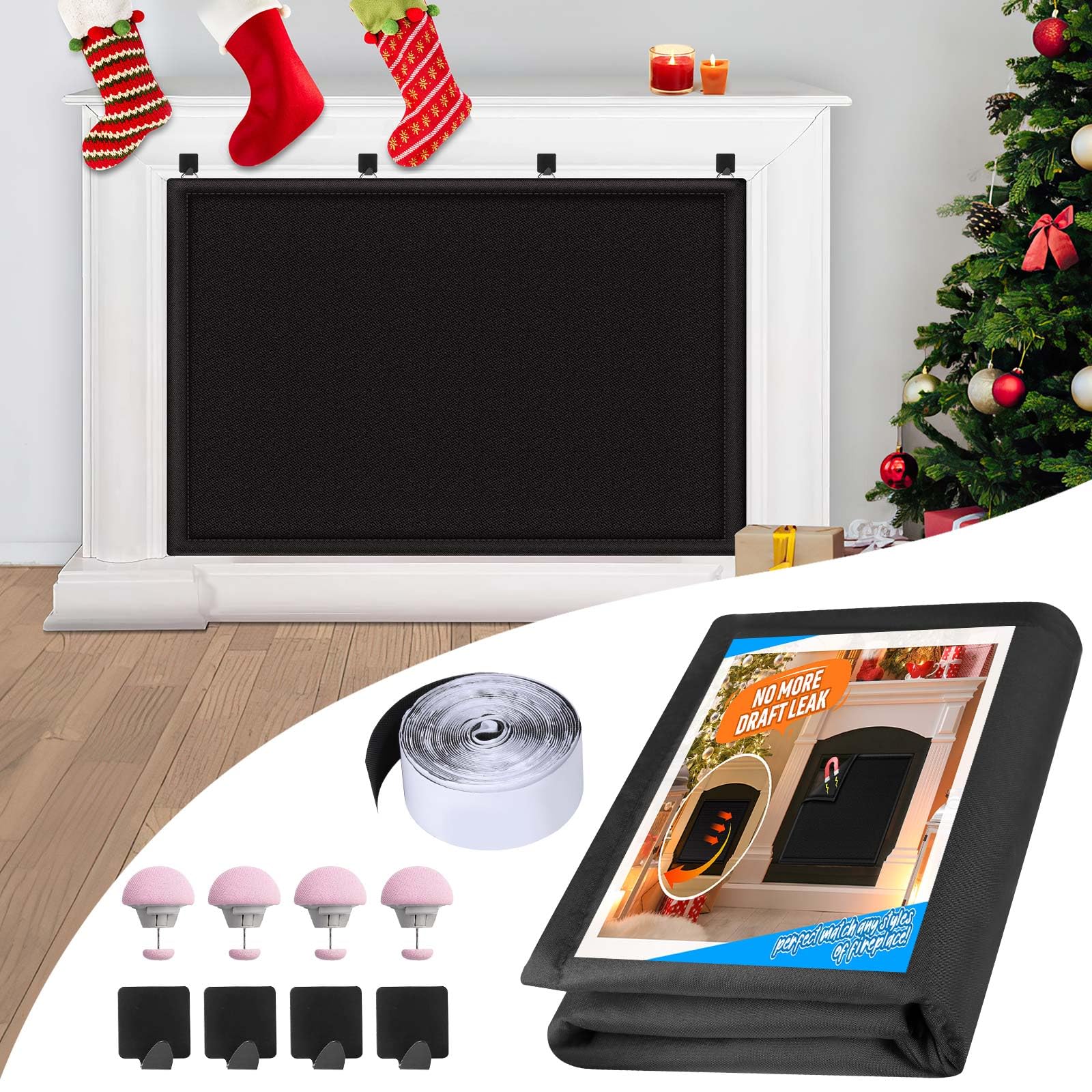 Fireplace Draft Cover, Fireplace Blocker Blanket Stops Heat Loss, Adjustable Fire Place Draft Stopper with Hook and Loop Tapes, Indoor Cold Air Blocker Black 42" W x 36" H