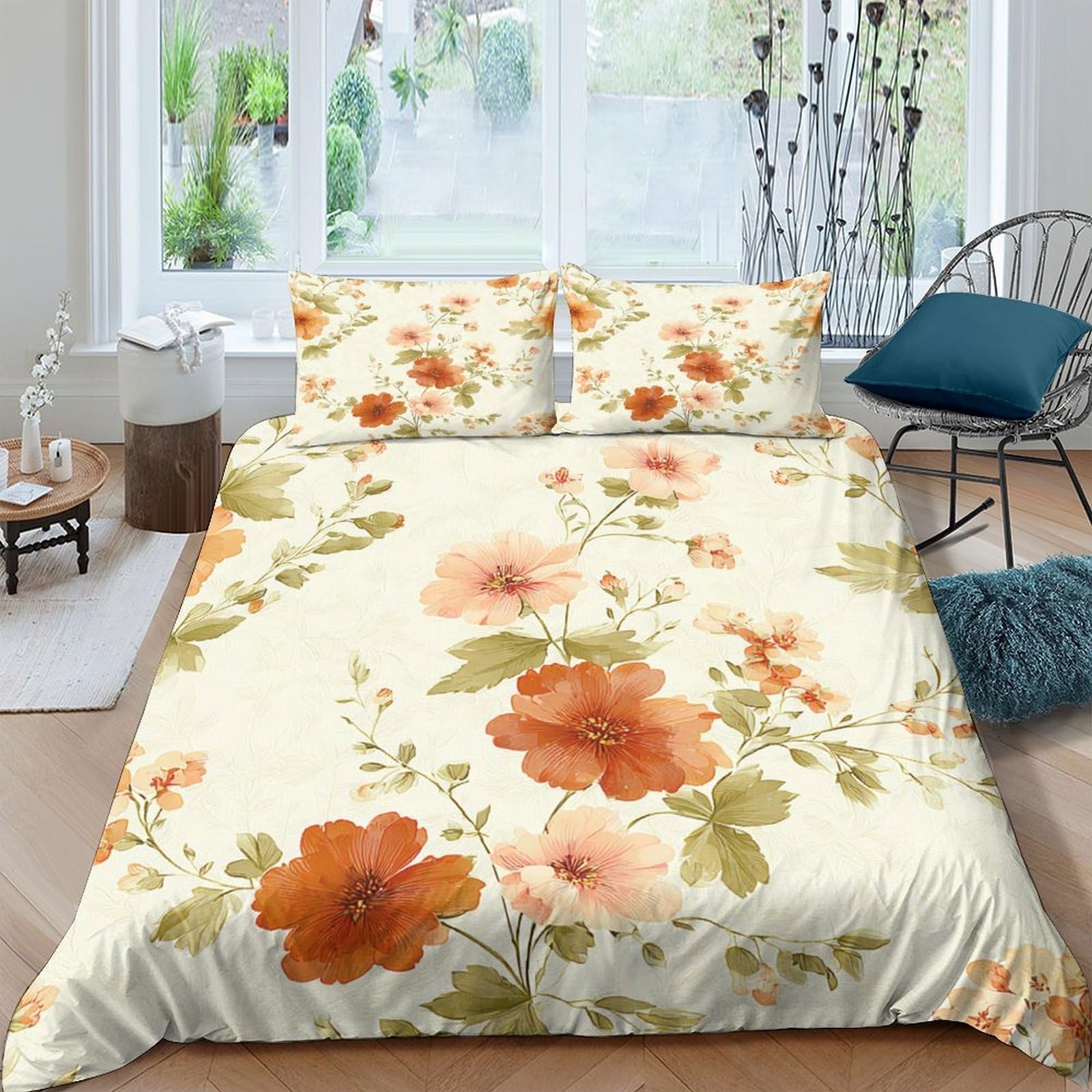 Ctjqhvkz Style-6 3D Printed Orange Floral Fitted Sheet Microfiber Soft Botanical Blossom Bed Cover For Bedroom Guest Room Easy Care Single（135X200cm）