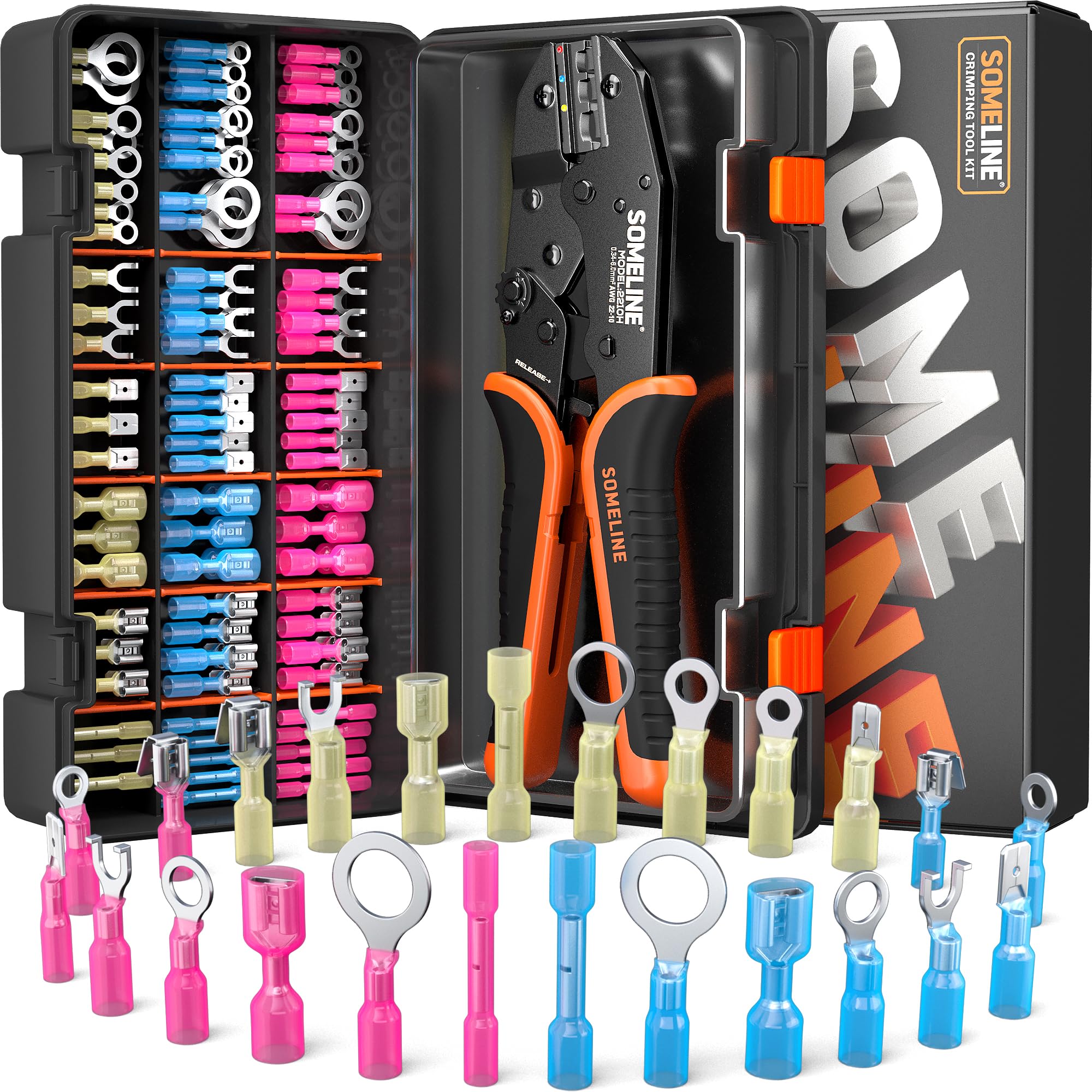 SOMELINE Heat Shrink Wire Connectors and Crimping Tool Kit, 24 Types (UL Listed) Marine Automotive Terminals, 22-10 AWG Ratchet Crimper - Waterproof