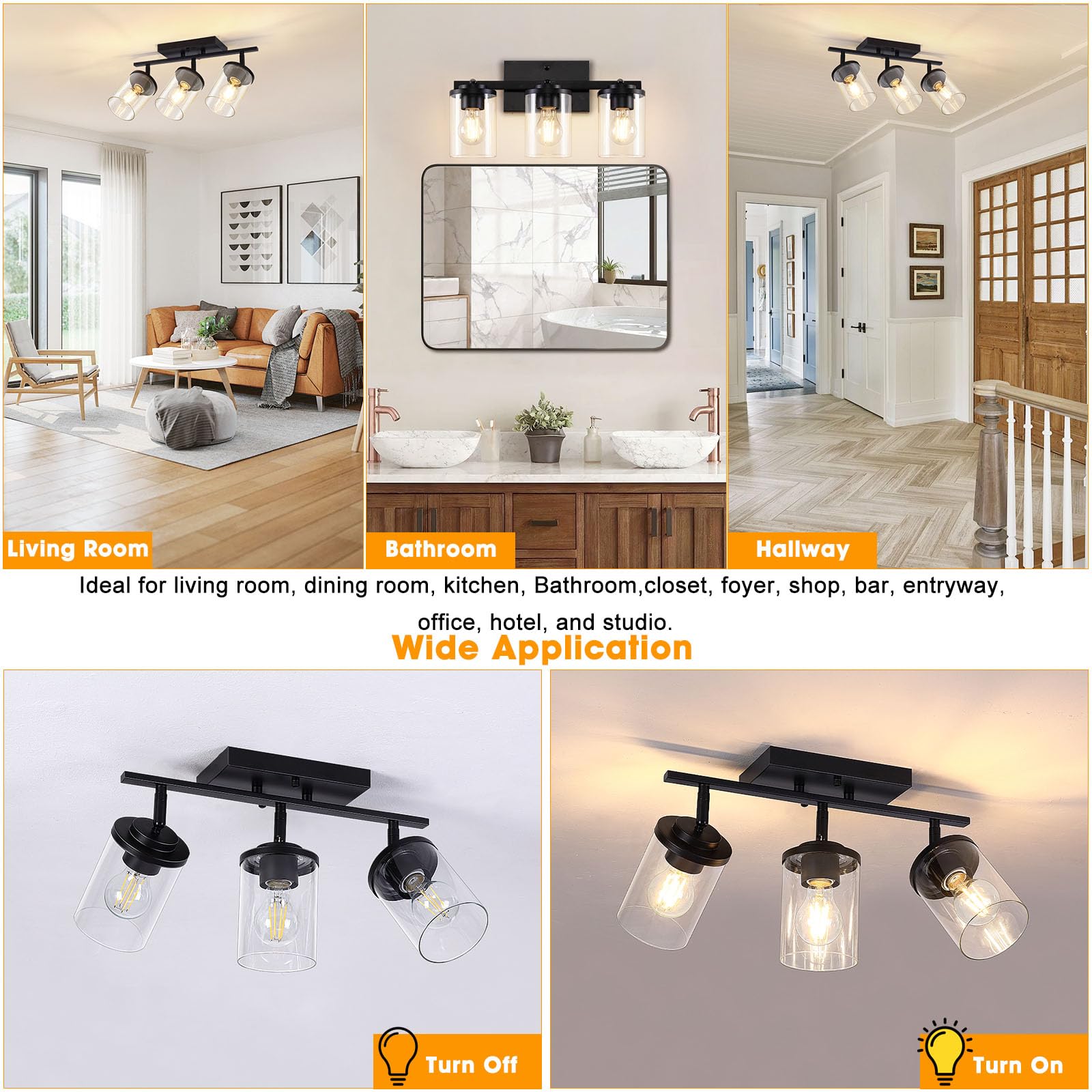 Lámpara de techo semiempotrada de 3 luces con pantalla de vidrio transparente, ajustable direccional negra, accesorios de iluminación de riel para techo, accesorios de cocina giratorios para 7