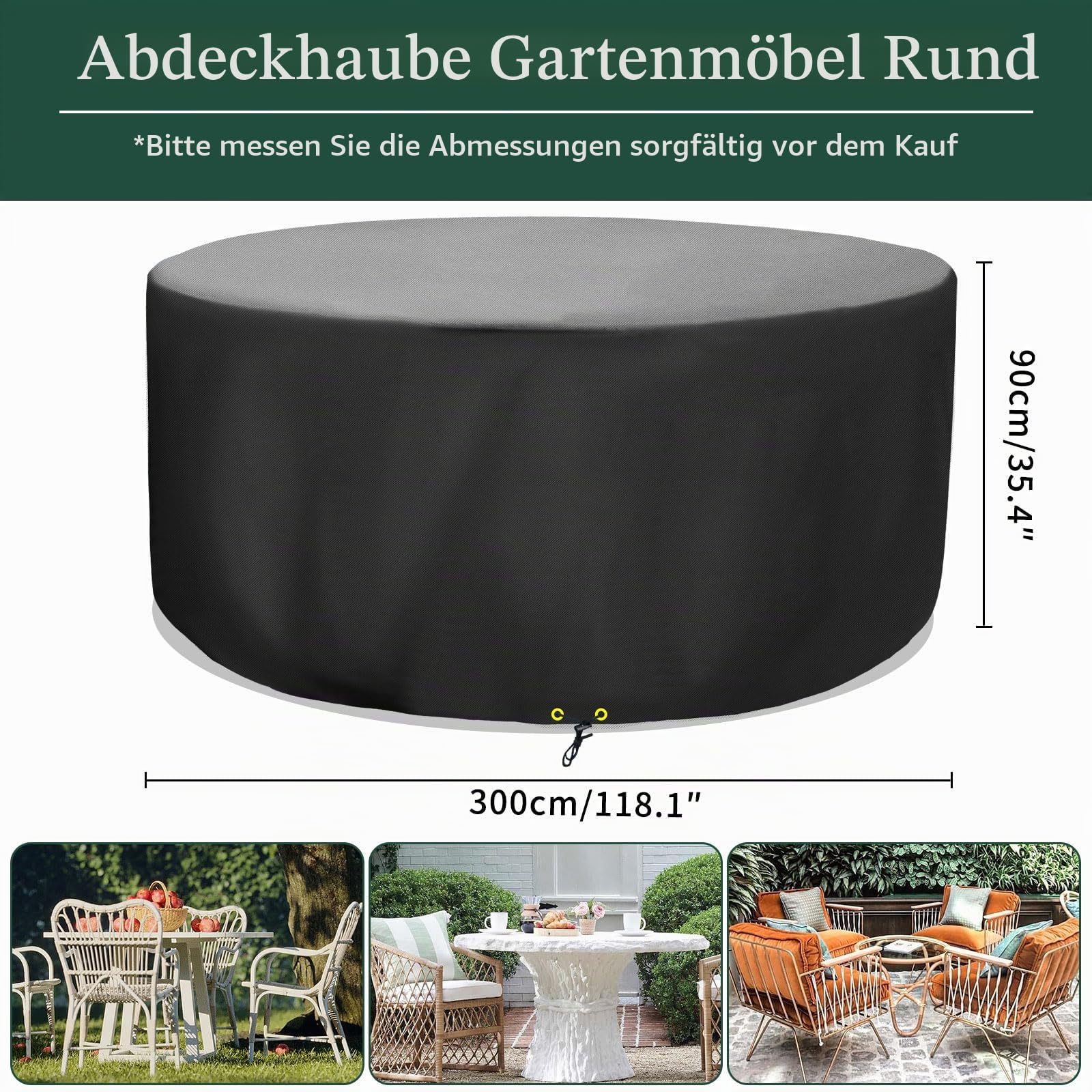Rund Gartenmöbel Abdeckung Wasserdicht, Ø300 x 90cm, 420D Oxford Gewebe Gartenmöbel Abdeckplane für Gartentische Terrassenmöbel, Winddicht, UV Beständiges, Schutzhülle Gartenmöbel, Schwarz
