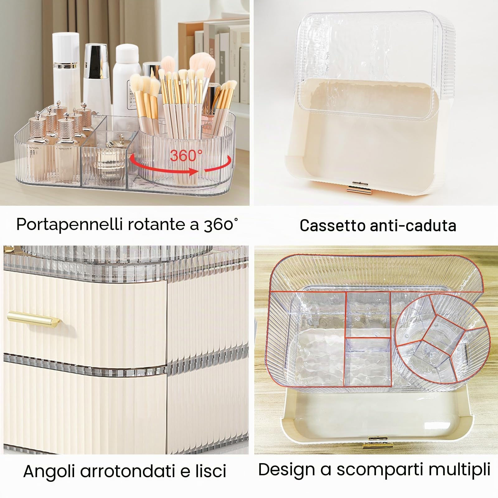 DASITON Organizer Trucchi con Cassetti, Porta Pennelli Make Up Girevole a 360°, Grande Capacità Make up Organizer per Cosmetici Impilabile, Porta Trucchi Organizer da Bagno e Toeletta (Trasparente 02)