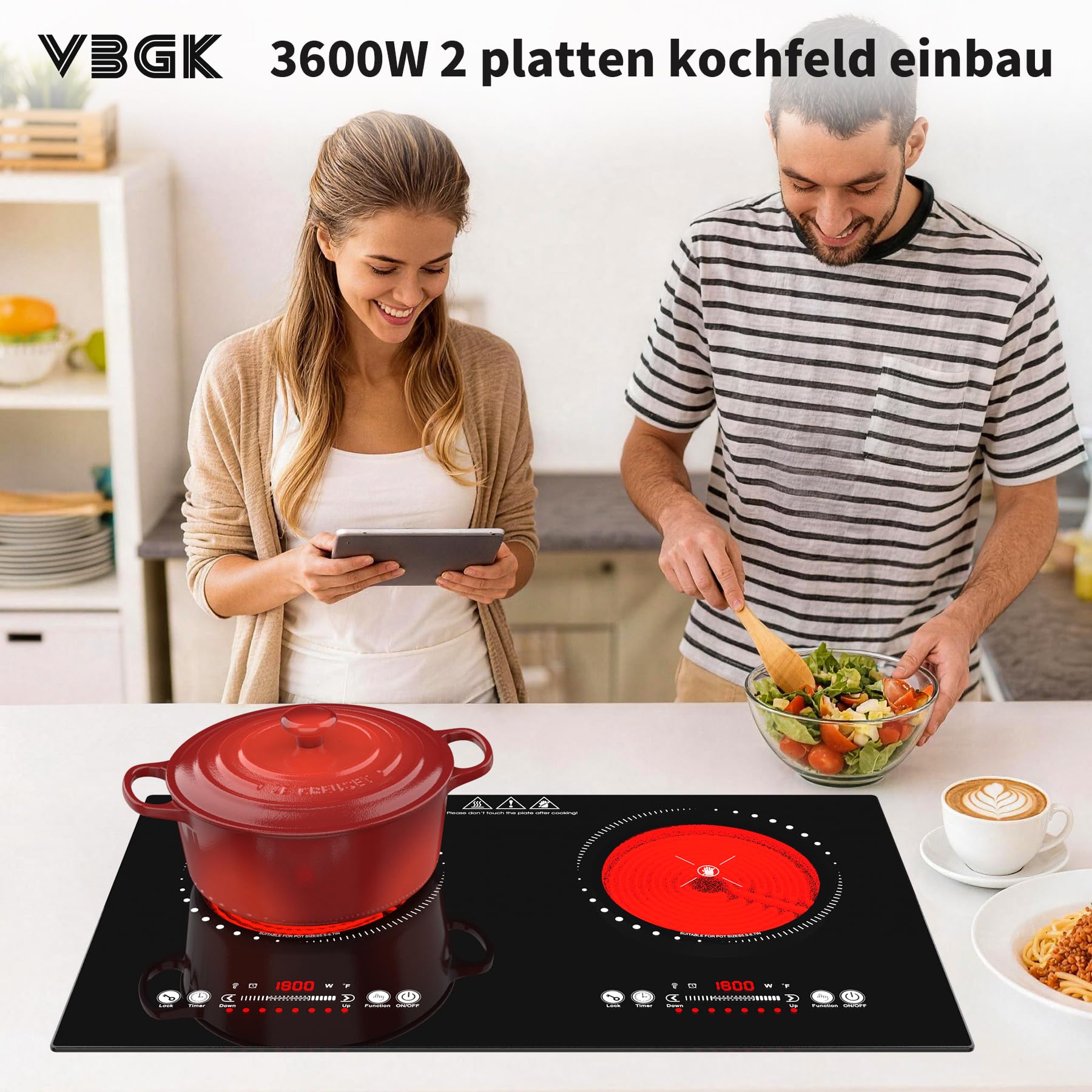 VBGK Keramikkochfeld, 220V, 3600W, Keramikkochfeld mit LED-Touch-Steuerung, 9 Leistungsstufen, Kindersicherung und 4-Stunden-Timer, Überhitzungsschutz kochfelder, Glaskeramikkochfeld 2 Platten