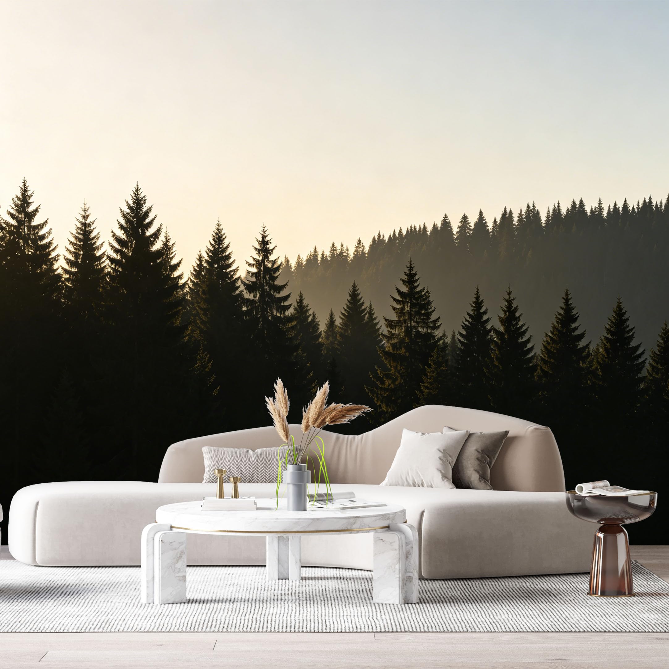 Custom Size Wall Murals Misty Pine Forest Landscape Sunrise Trees Silhouette SelfAdhesive Wall Fabric Removable Large Wallpaper for Photo Living Room