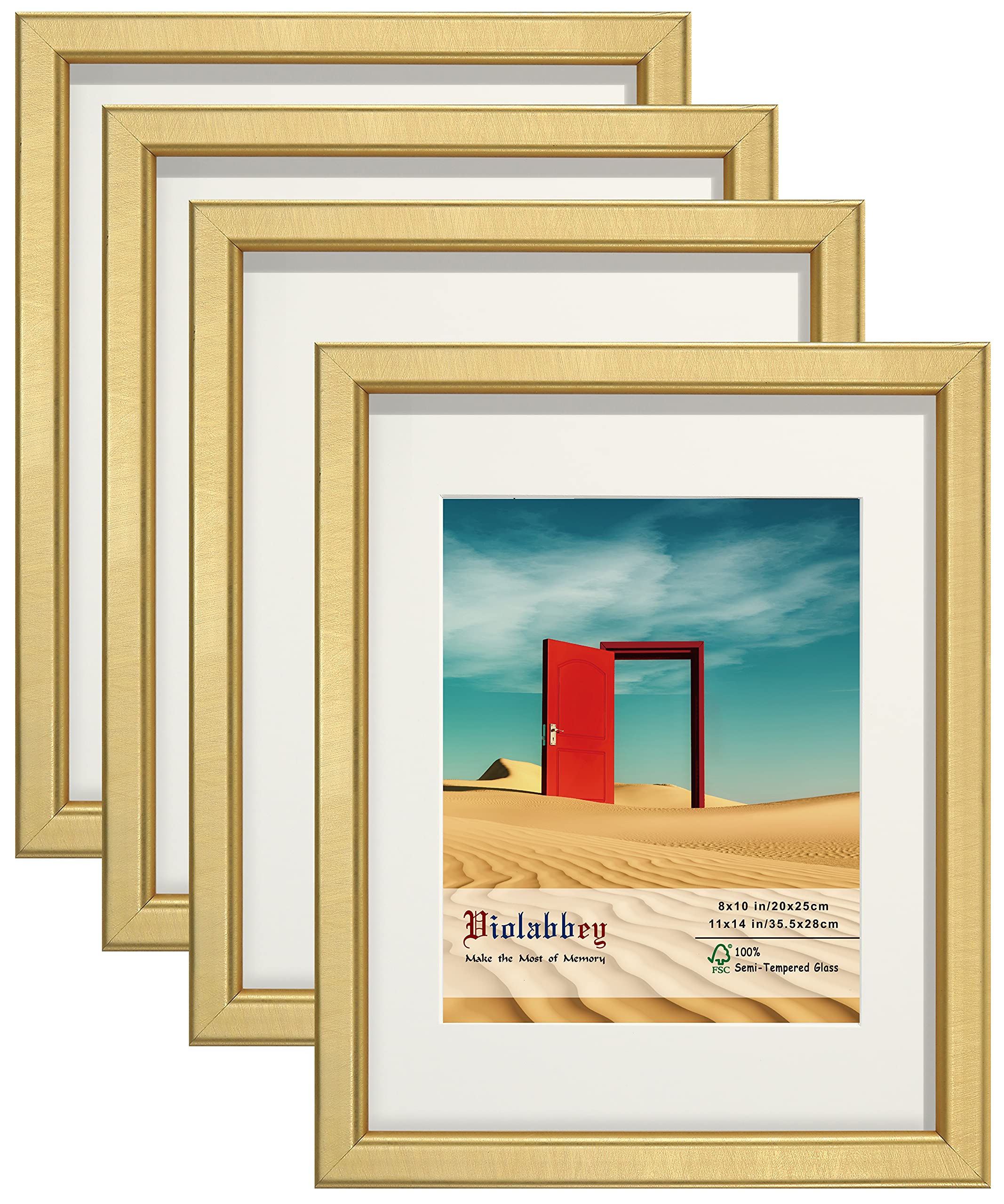 Violabbey 11x14 Picture Frame Gold Set of 4, Photo frame for 8x10 Pictures with Mat or 11x14 without Mat, HD Real Glass, Vertical or Horizontal for Wall and Tabletop Display