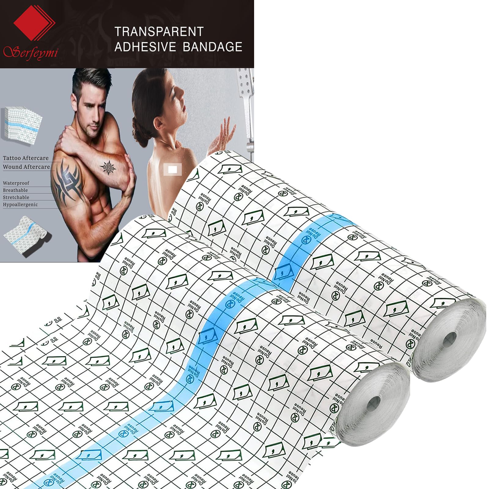 Serfeymi Tattoo Aftercare Waterproof Bandage Tattoo Cover Up Tape 6 Inch x 1.1 Yard x 2 Rolls Transparent Film Dressing Second Skin Bandage Tattoo