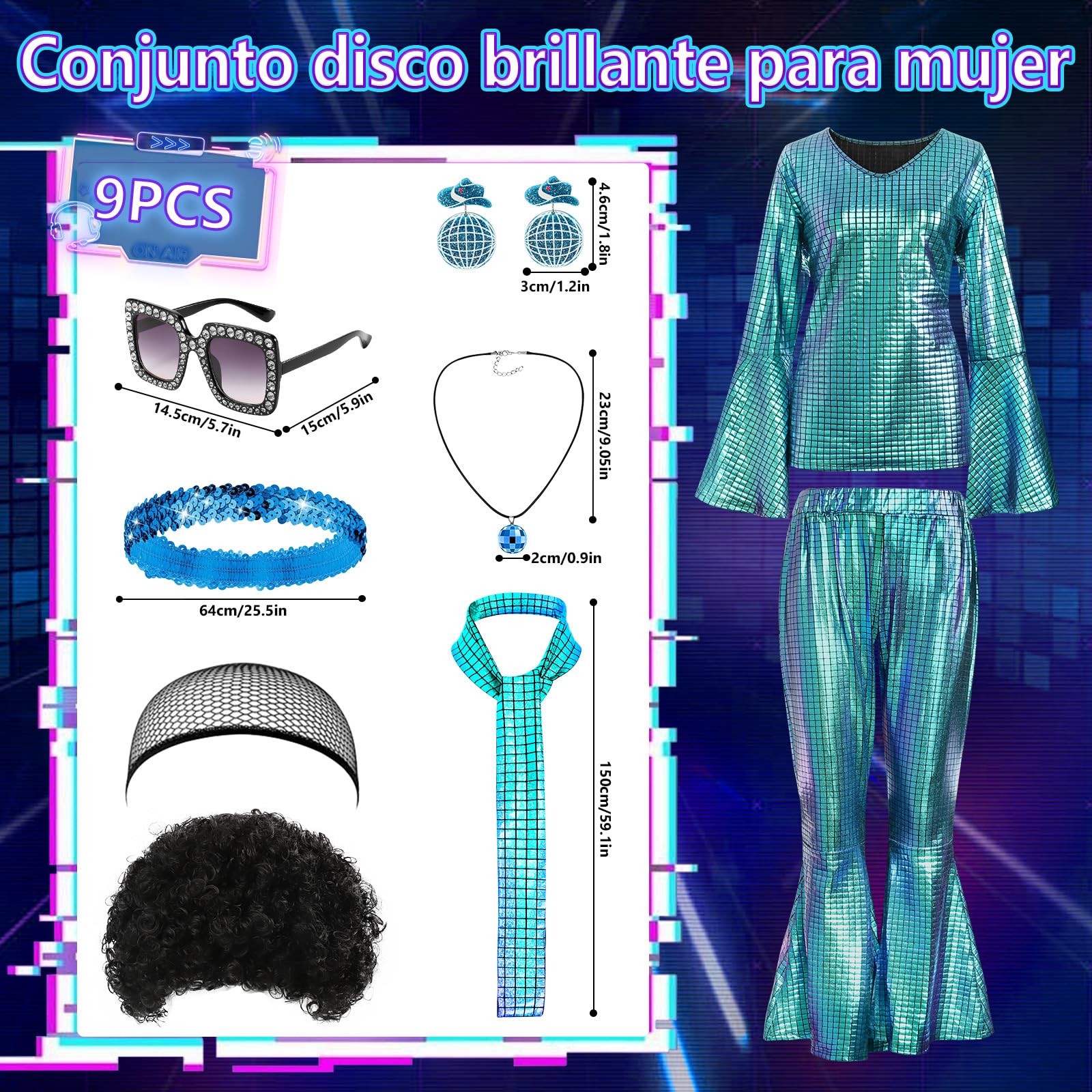 Ulikey Disfraz Disco Mujer, 9 Piezas Disfraces Disco Años 70 Brillante Disfraz Abba Mujer con Pendientes, Collares, Gafas de Sol, Pelucas para Carnaval, Reuniones Familiares