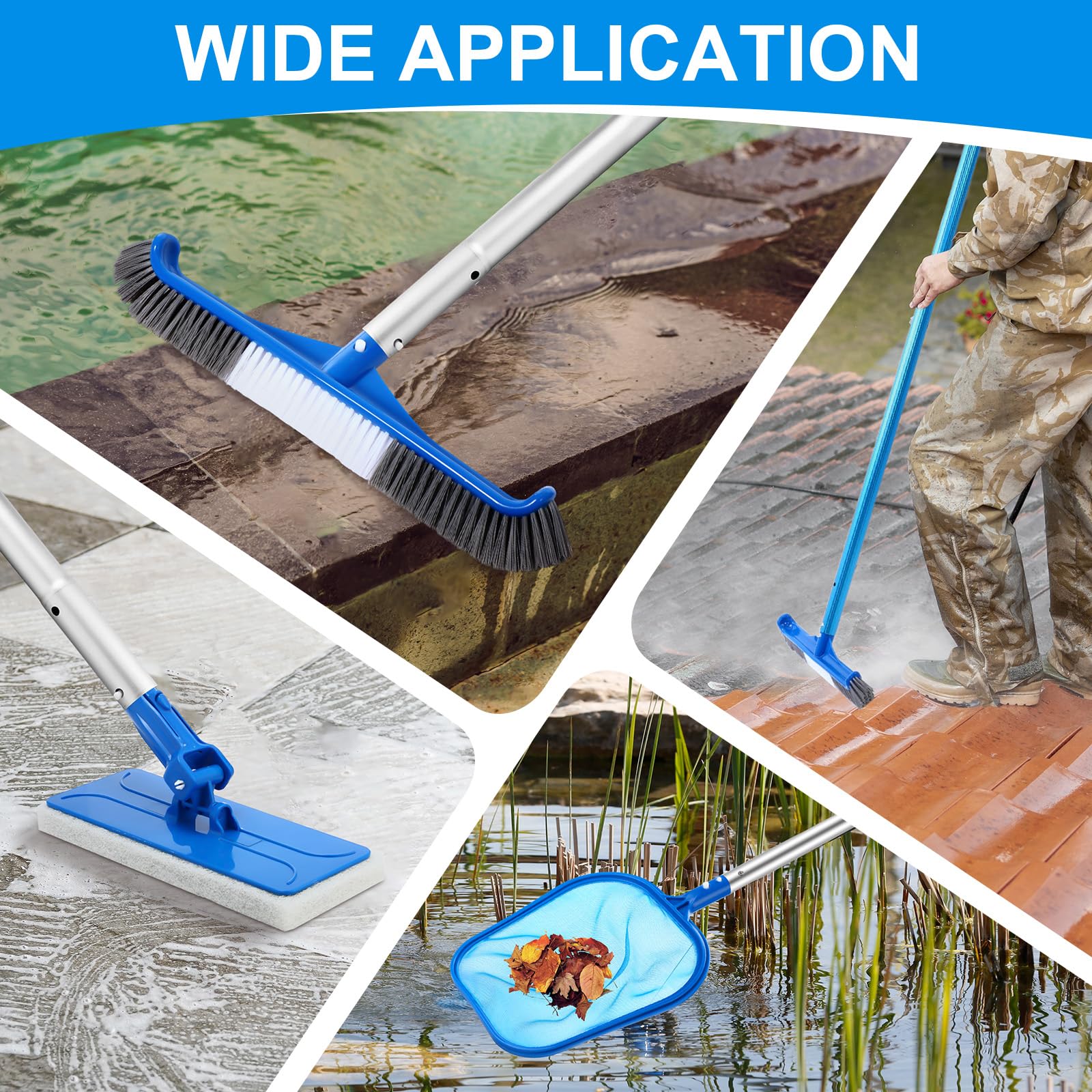 Tioncy Confezione da 4 kit di pulizia della piscina, con spazzola per la pulizia della piscina, spugna abrasiva, retino per foglie e pali per la pulizia della piscina gonfiabile, casa, spa, vasche