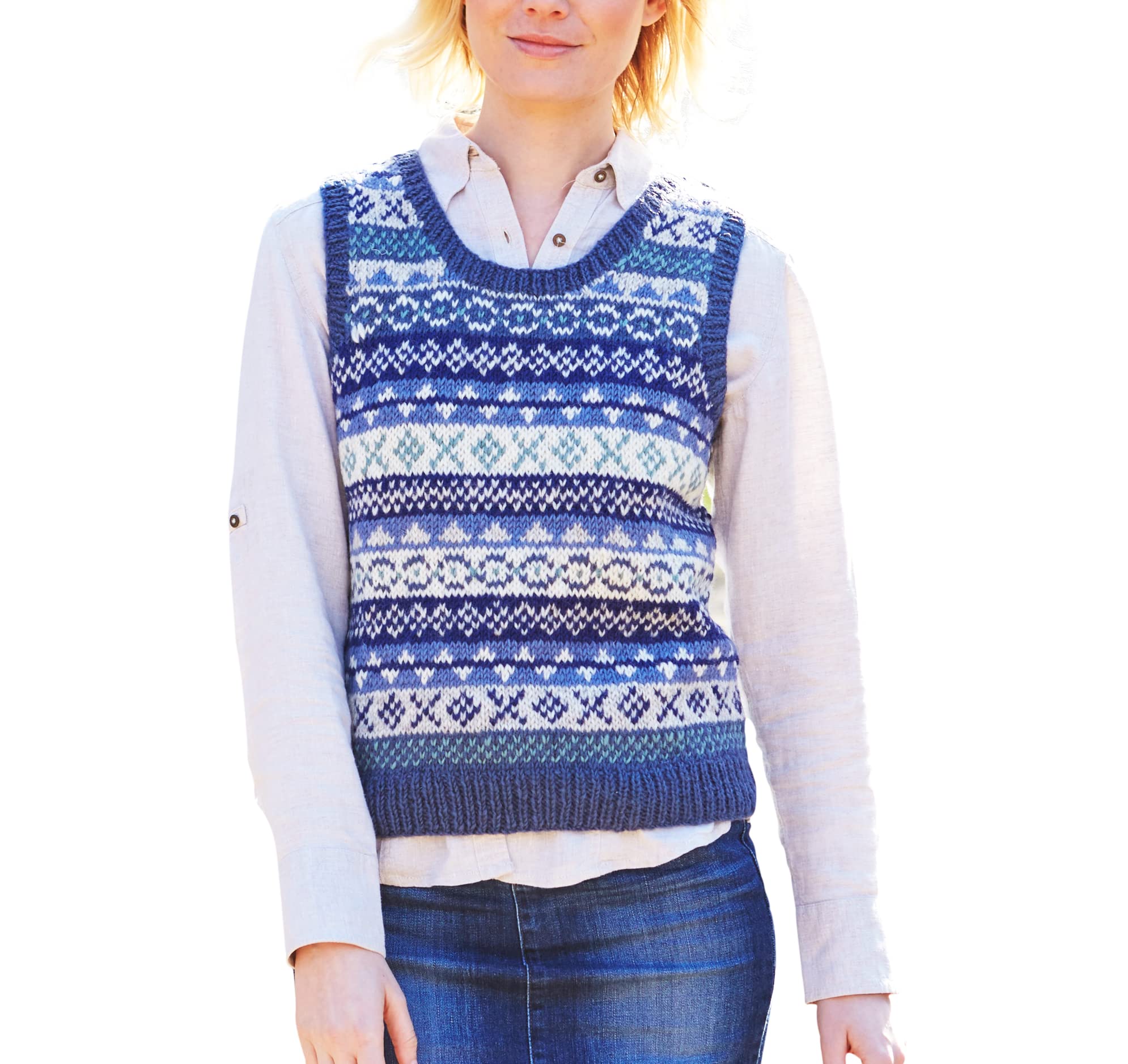 Pachamama Women Wool Tank Top Handknitted Fair Isle Natural Colours Handmade Extra Warm Sleeveless Jumper Fair Trade (Med UK 12-14, Denim)