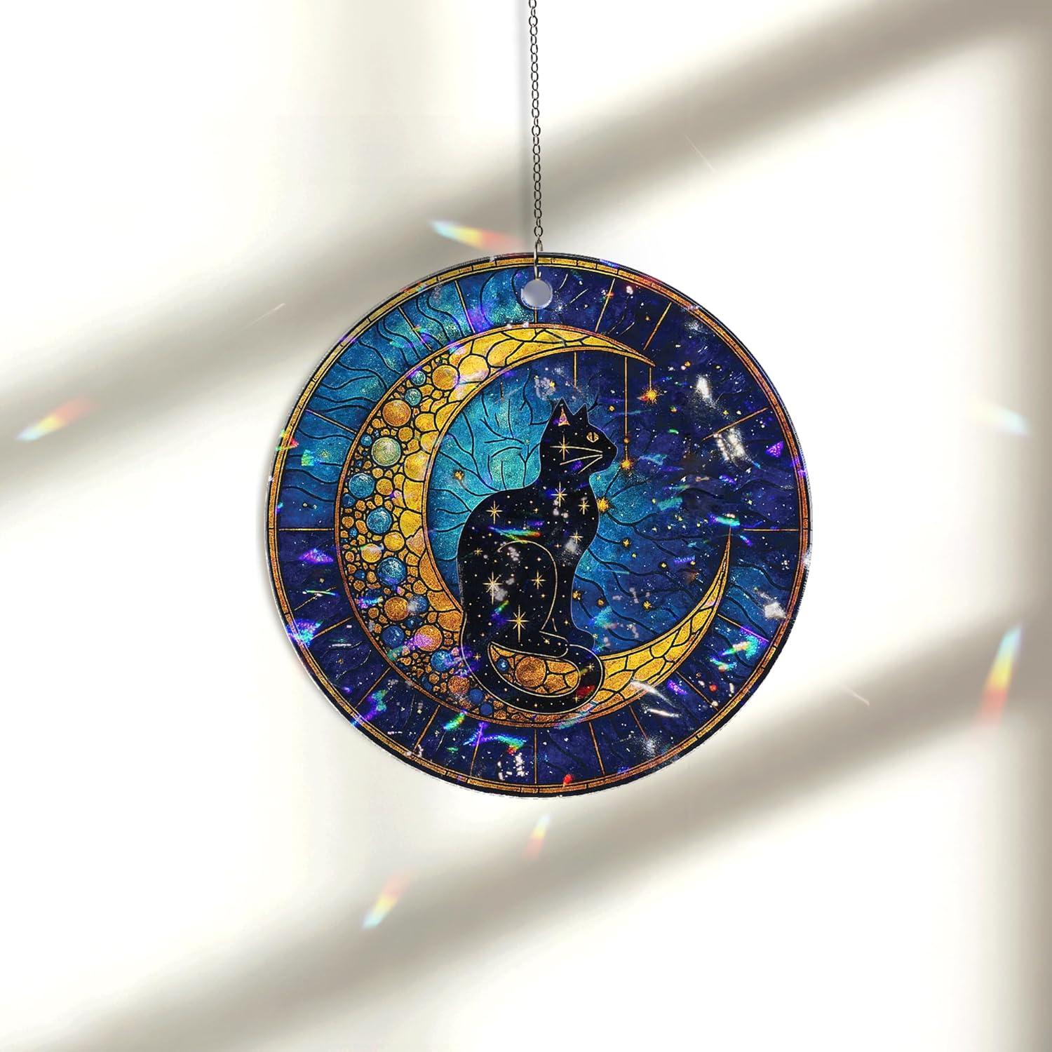 Black Cat Ornament Stained Glass with Santa Hat Christmas Window Hanging Decoration Feline Art Unique Idea| Gift for Pet Lovers (Black Cat Moon) - Image 5