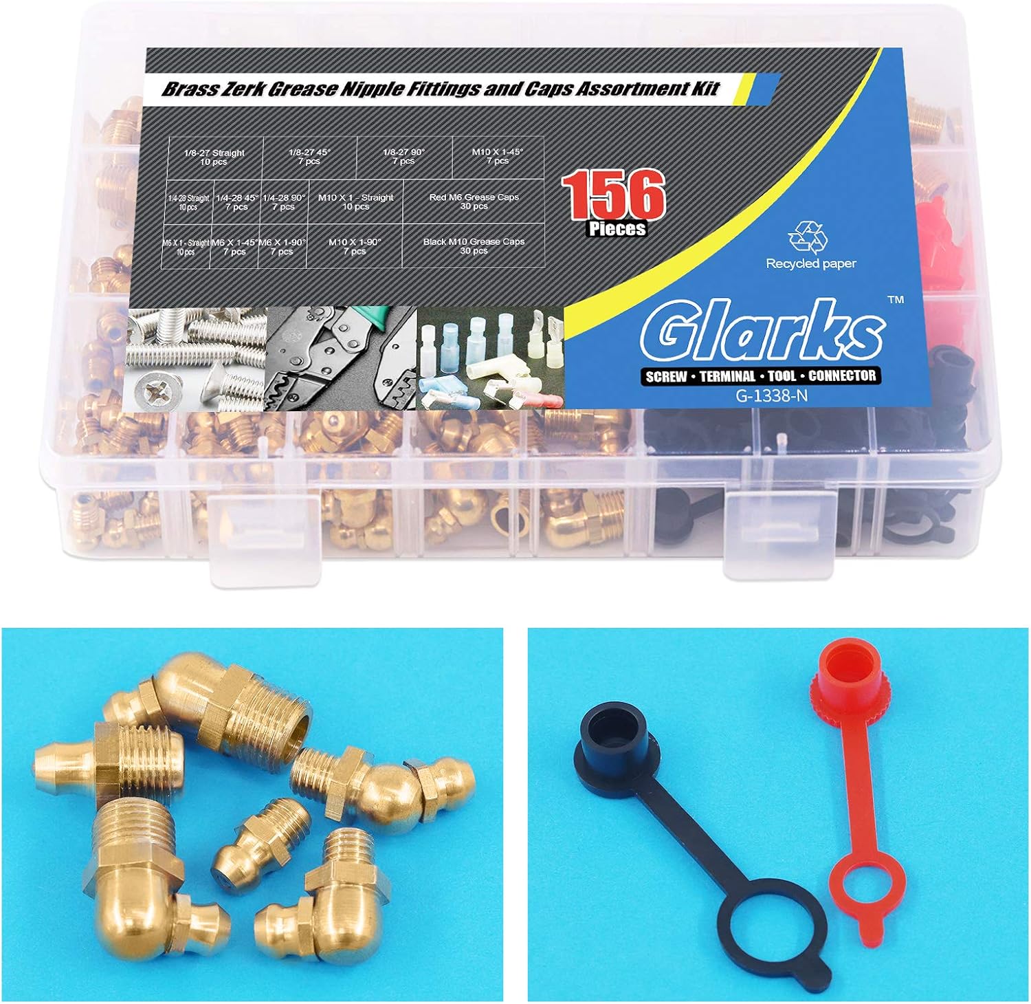 Glarks 156Pcs Metric & SAE Straight and 45 Degree and 90 Degree Hydraulic Grease Brass Zerk Grease Nipple Fitting with 60Pcs M6 M10 Caps Assortment Kit