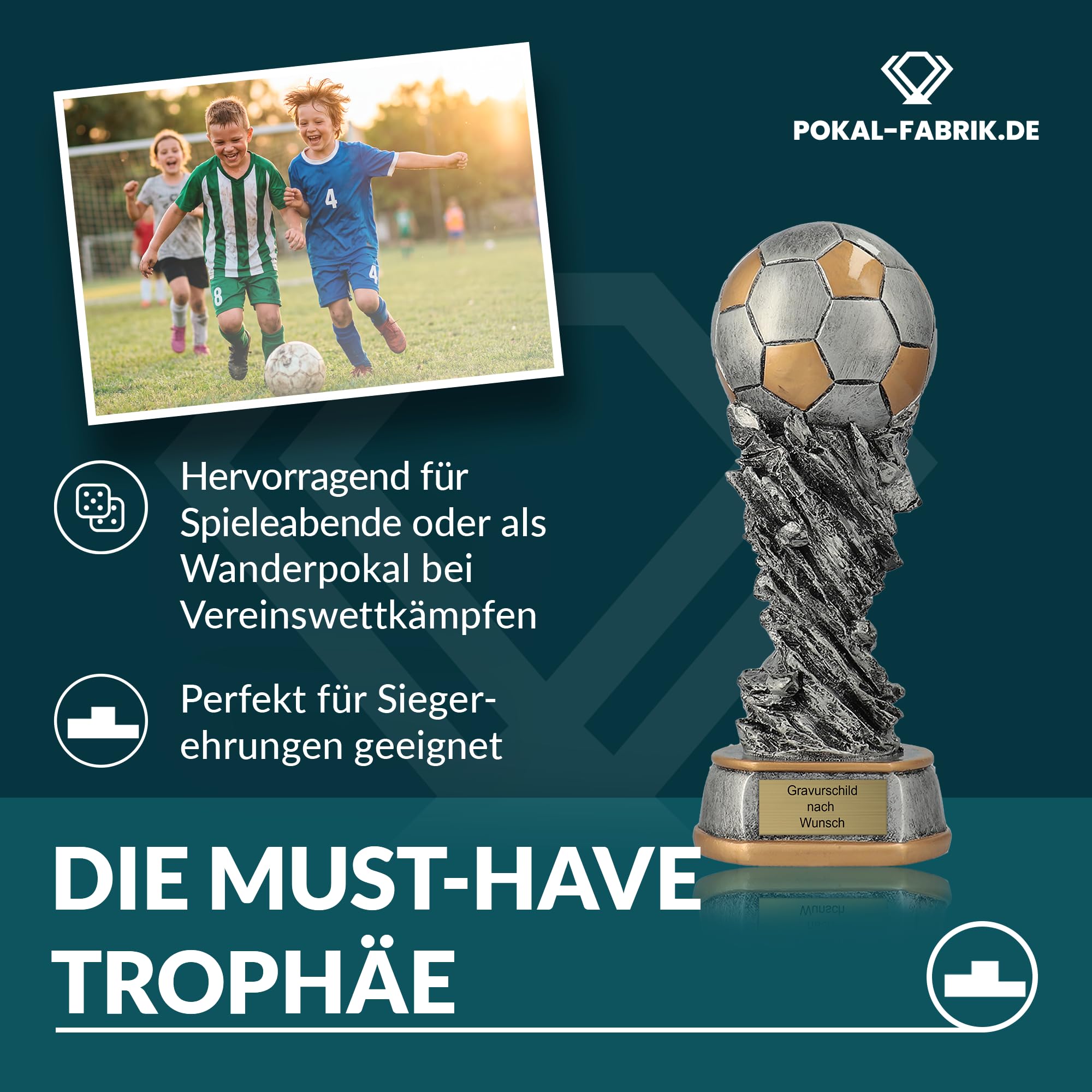 Pokal-Fabrik - Fussball Pokal mit Gravur Wunschtext - Gold & Silber Trophäe aus hochwertigem Resin 30/37/45 cm – personalisierte Auszeichnung für Fußball, Sport Events & Wanderpokal