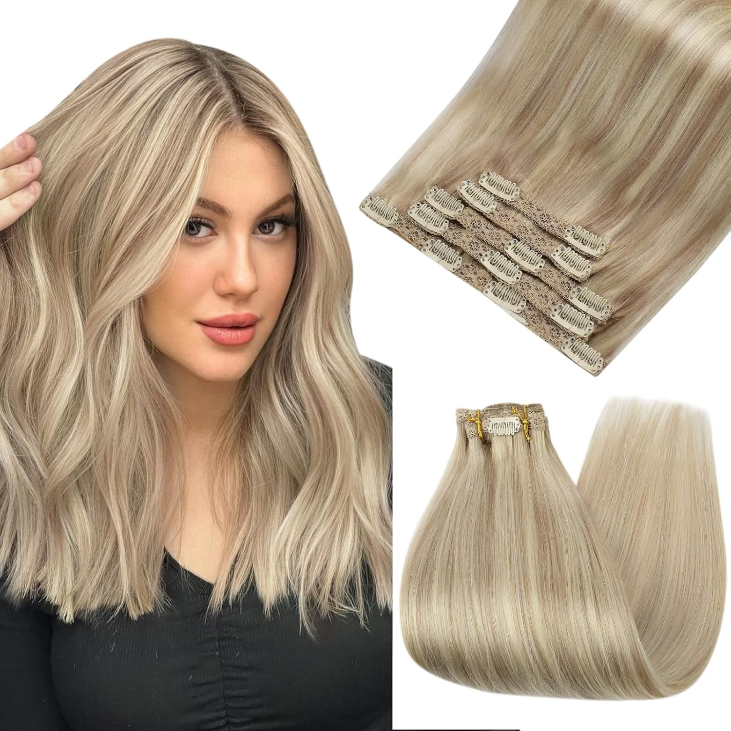 Ugeat 12 Inch Blonde Clip in Hair Extensions Human Hair 50