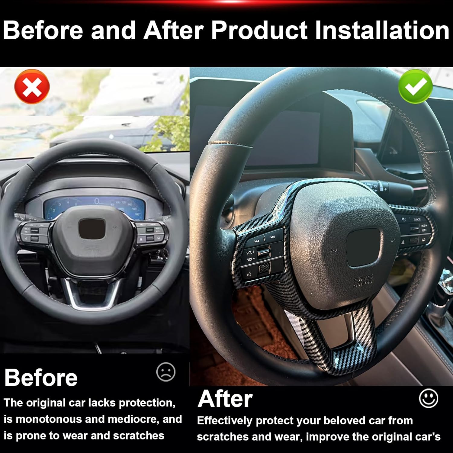for Honda 11th Gen Civic 2022 2023 2024 2025 2026 for Honda Accord CRV CR-V HRV HR-V 2023 2024 2025 2026 Car Interior Steering Wheel Cover Trim Frame Accessories (Carbon Fiber)