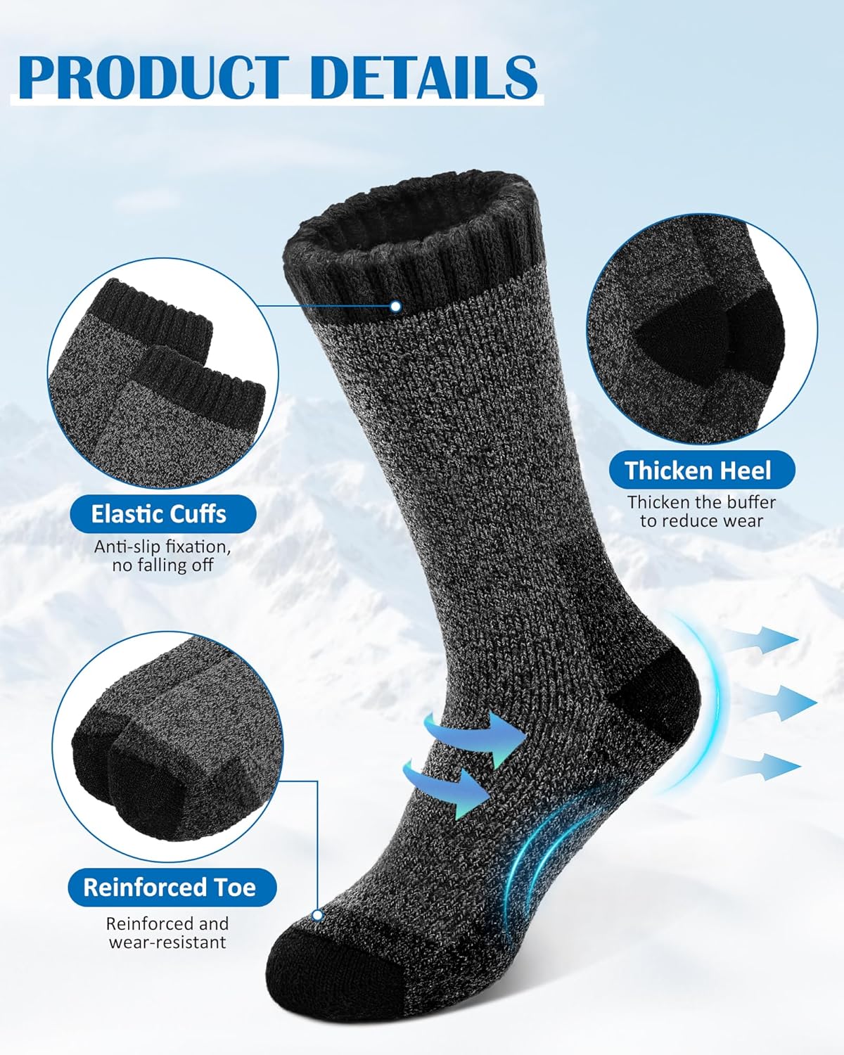 Senker Fashion Merino Wool Socks for Men Women, Hiking Thermal Warm Thick Crew Sock for Winter Outdoors Work 3 Pairs - Image 2