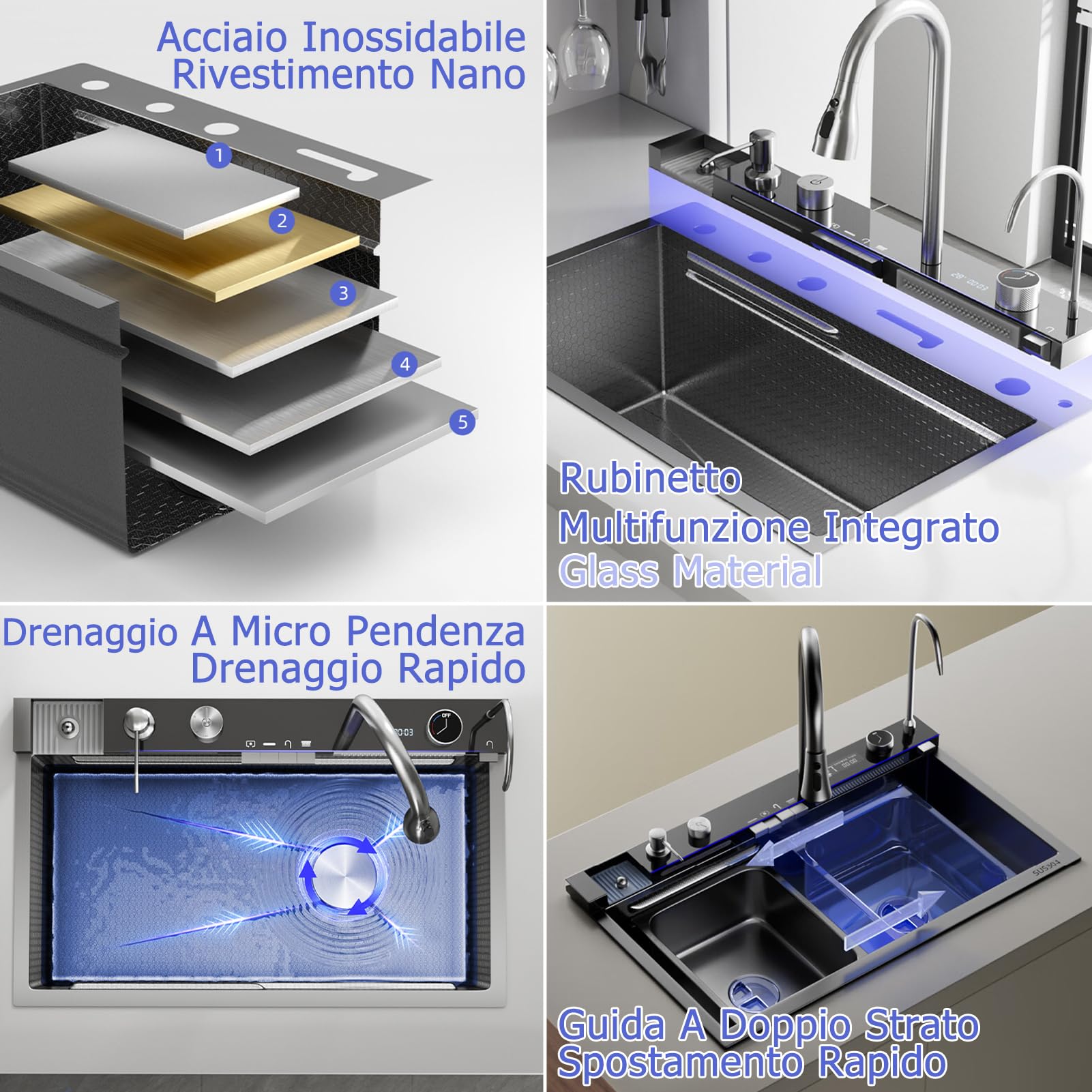 Fregadero de cocina de acero inoxidable multifunción de 80 x 50 cm – 2 cascada fregadero de agua, grifo extraíble, gran lavabo de cocina, con dispensador de jabón, con accesorios para