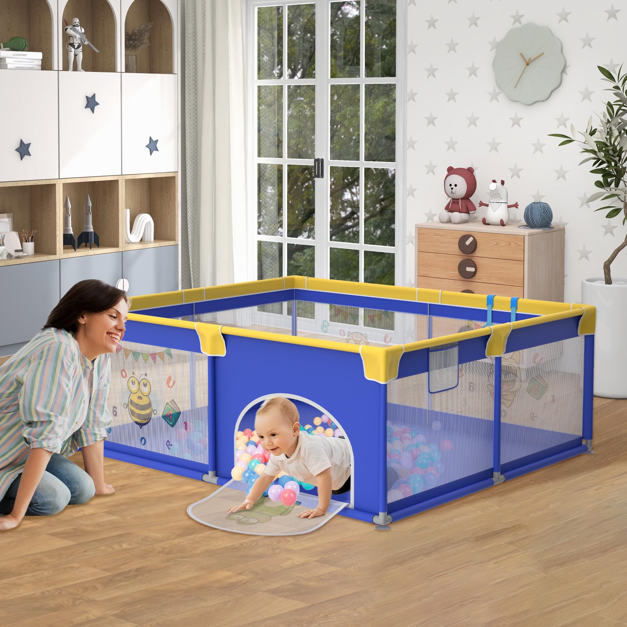 Froadp Kojec dla niemowląt Playpen, kojec dla dzieci z drzwiami, bezpieczny plac zabaw Oxford, kratka ochronna, z torbą do przenoszenia, piłkami i 4 pierścieniami do ciągnięcia (150 x 180 x 68 cm,