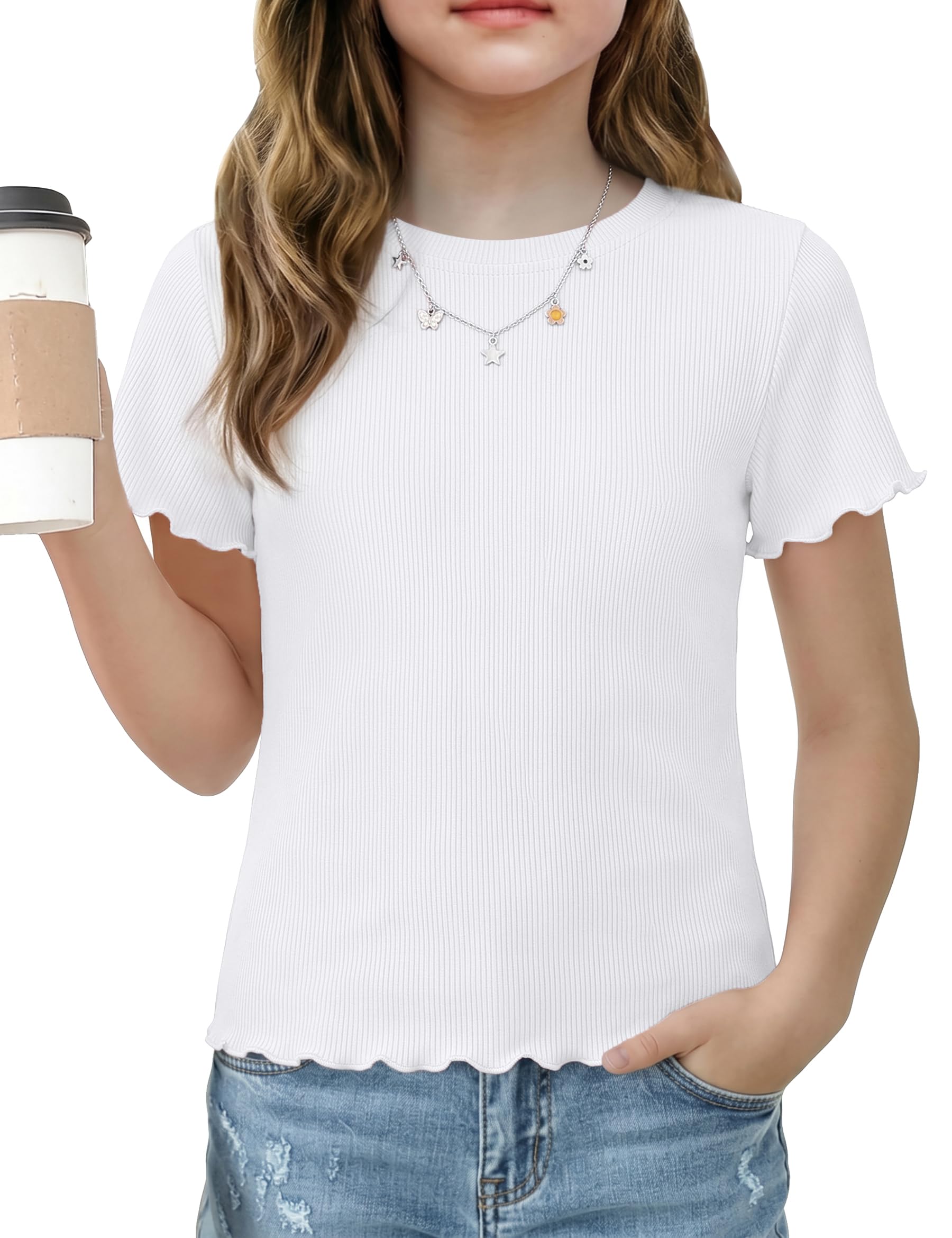 Demegimi T-Shirt Mädchen Kurzarm Sommer Gerippt Oberteil Rundhals Shirt mit Rüschen Weiches Basic Top Freizeitshirt 5-14 Jahre
