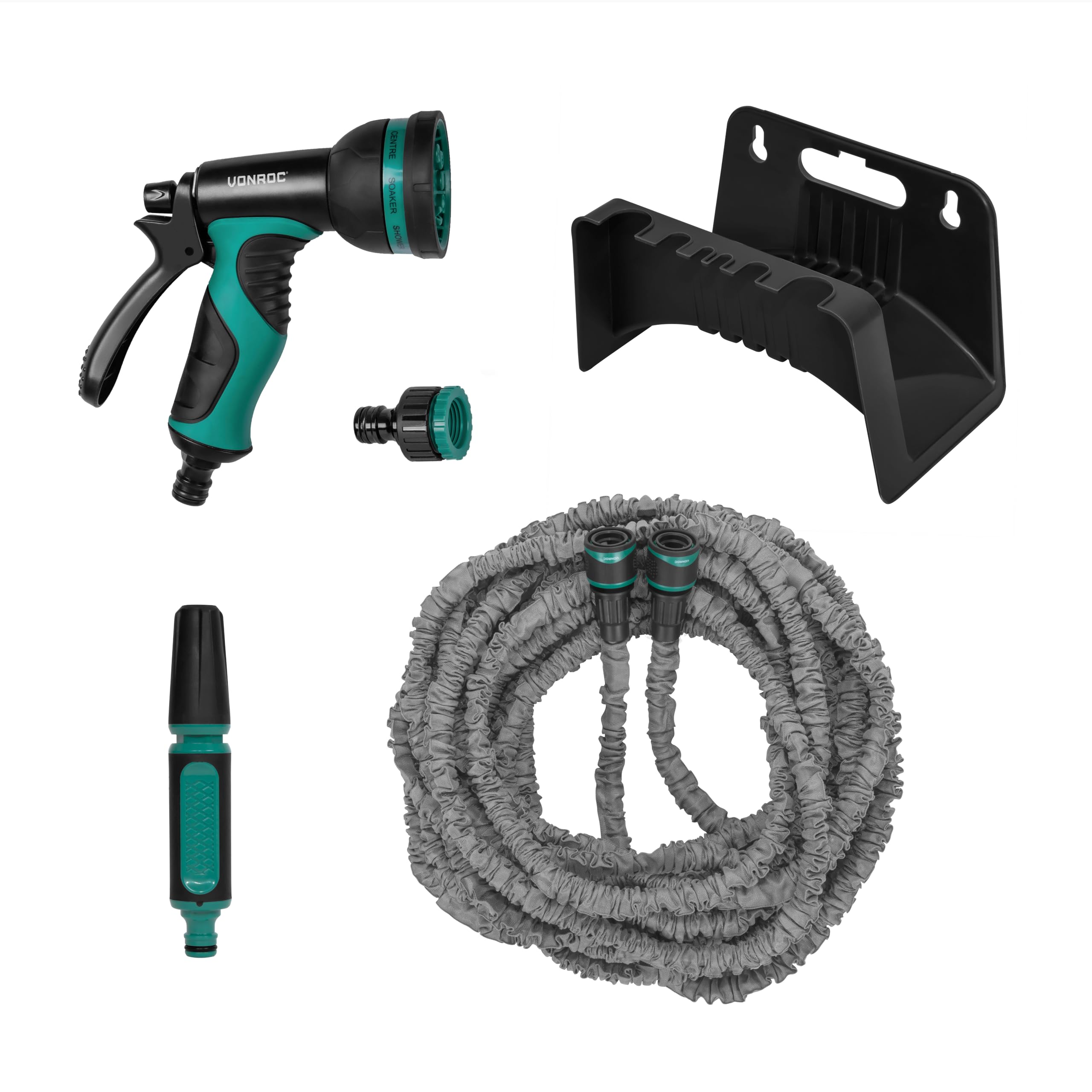 VONROC Tuyau d’Arrosage Flexible 30m – Tuyau d'Arrosage + Support Mural, Buse Réglable et Raccords de Tuyau Avec & Sans Arrêt d'Eau - Tuyau d'Arrosage Extensible Compact, Léger & Jet Puissant