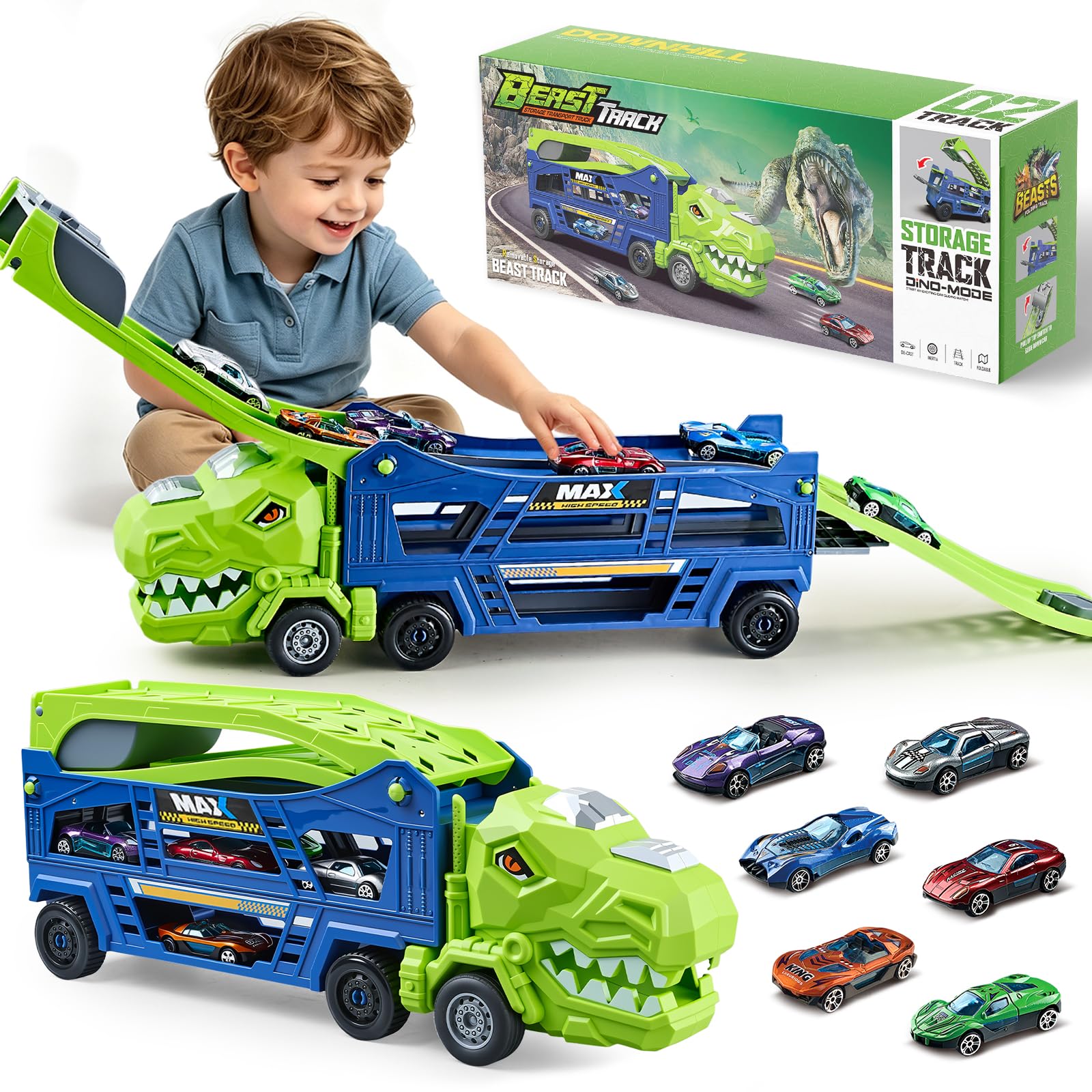 Dinosaur Transport Truck Toy with Foldable Race Track for Toddler Boys 3-5