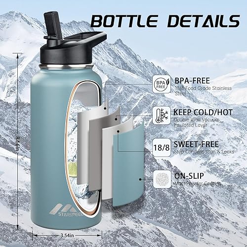 Miniatura 3 de StarSpeed Botella de agua aislada de 32 onzas con tapa con pajilla, botella de agua al vacío de doble pared de acero inoxidable, botella de agua