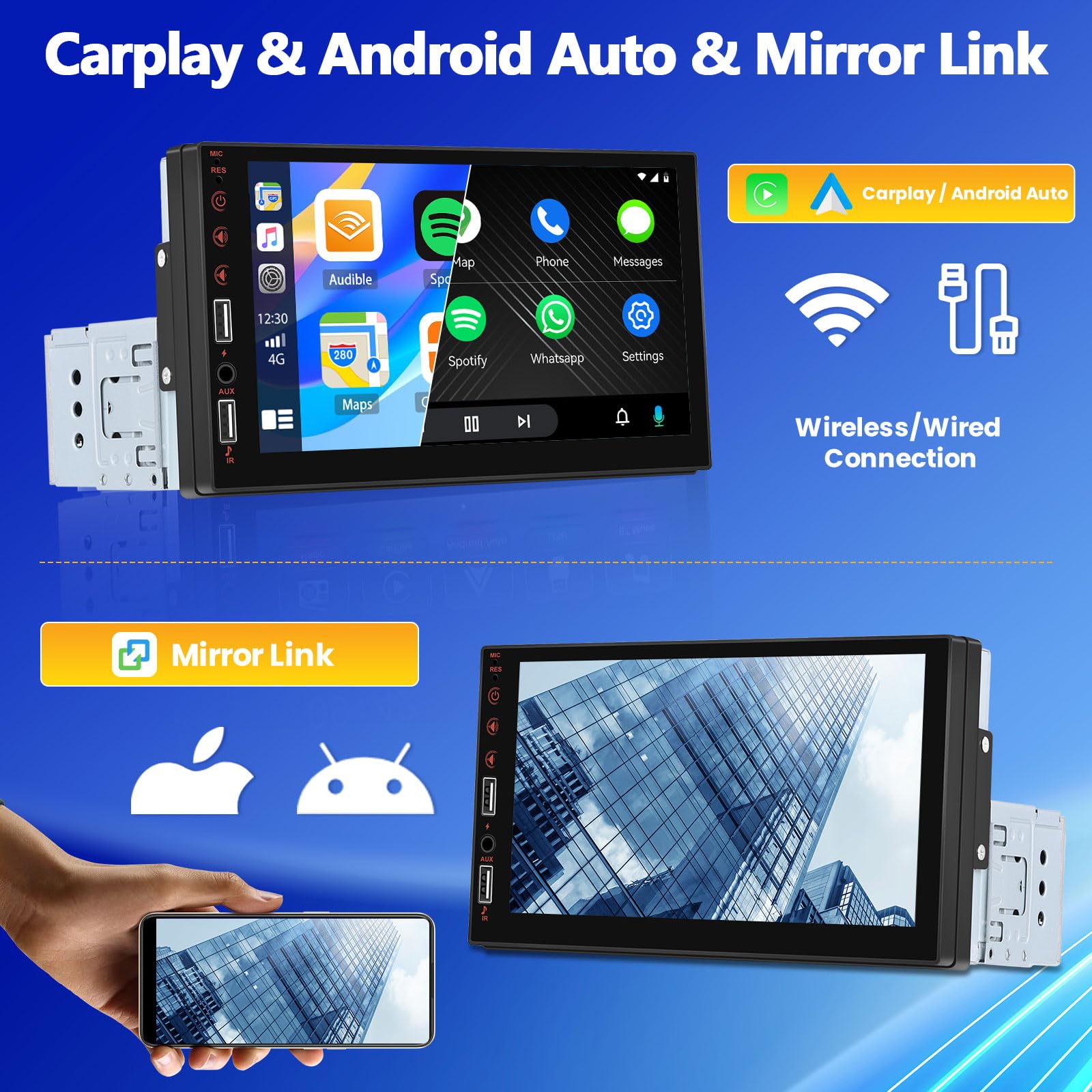 Autoradio, 1 Din met draadloze Carplay Android auto, 9 inch
