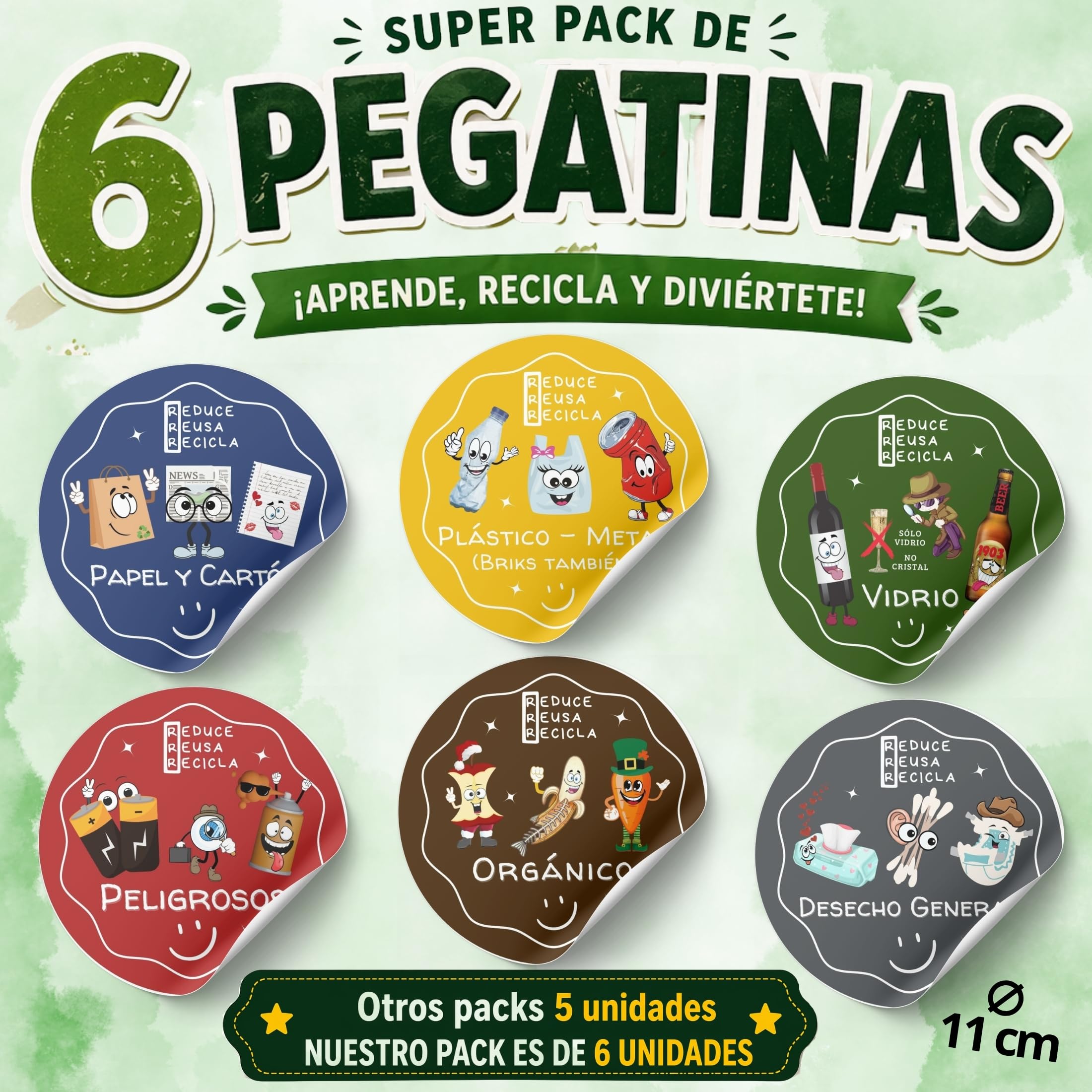 Pack 6 Pegatinas Reciclaje Basura ESPAÑOL Ø11 cm | Pegatinas Cubo Basura | Etiquetas Adhesivas reciclaje | Vinilo para reciclar en Cocina, Oficina, Colegios - Didacticas, Acabado brillo