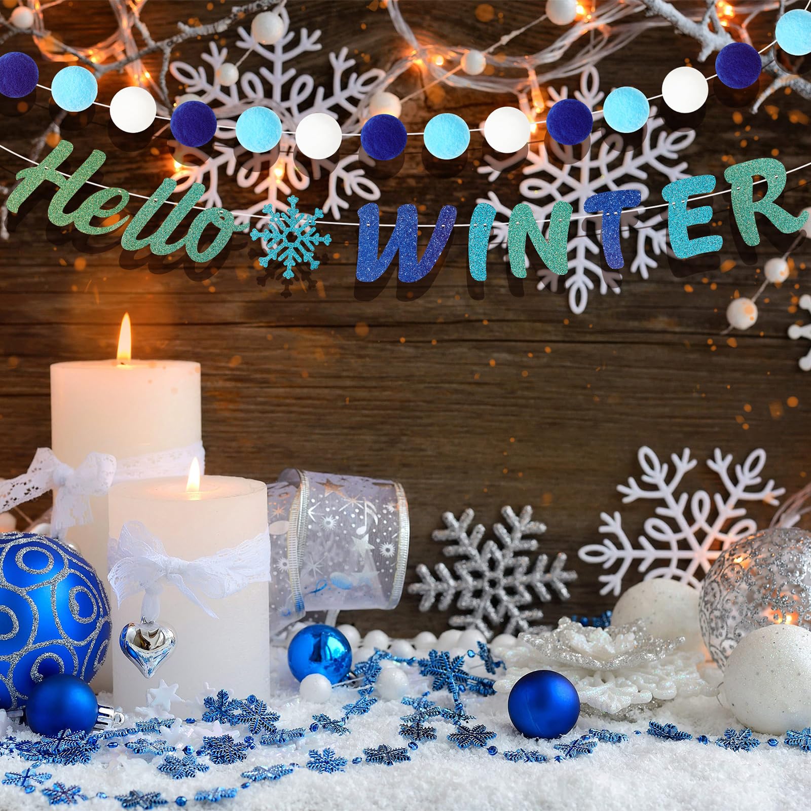 Teling 5 Stück Winter-Filz-Girlande, Schneemann, Bommel, Banner, Hallo Winter, Banner, Filz-Girlanden, Schneemann, Zwerg, hängende Weihnachten, Klassenzimmer, Türdekoration für Wunderland, Geburtstag